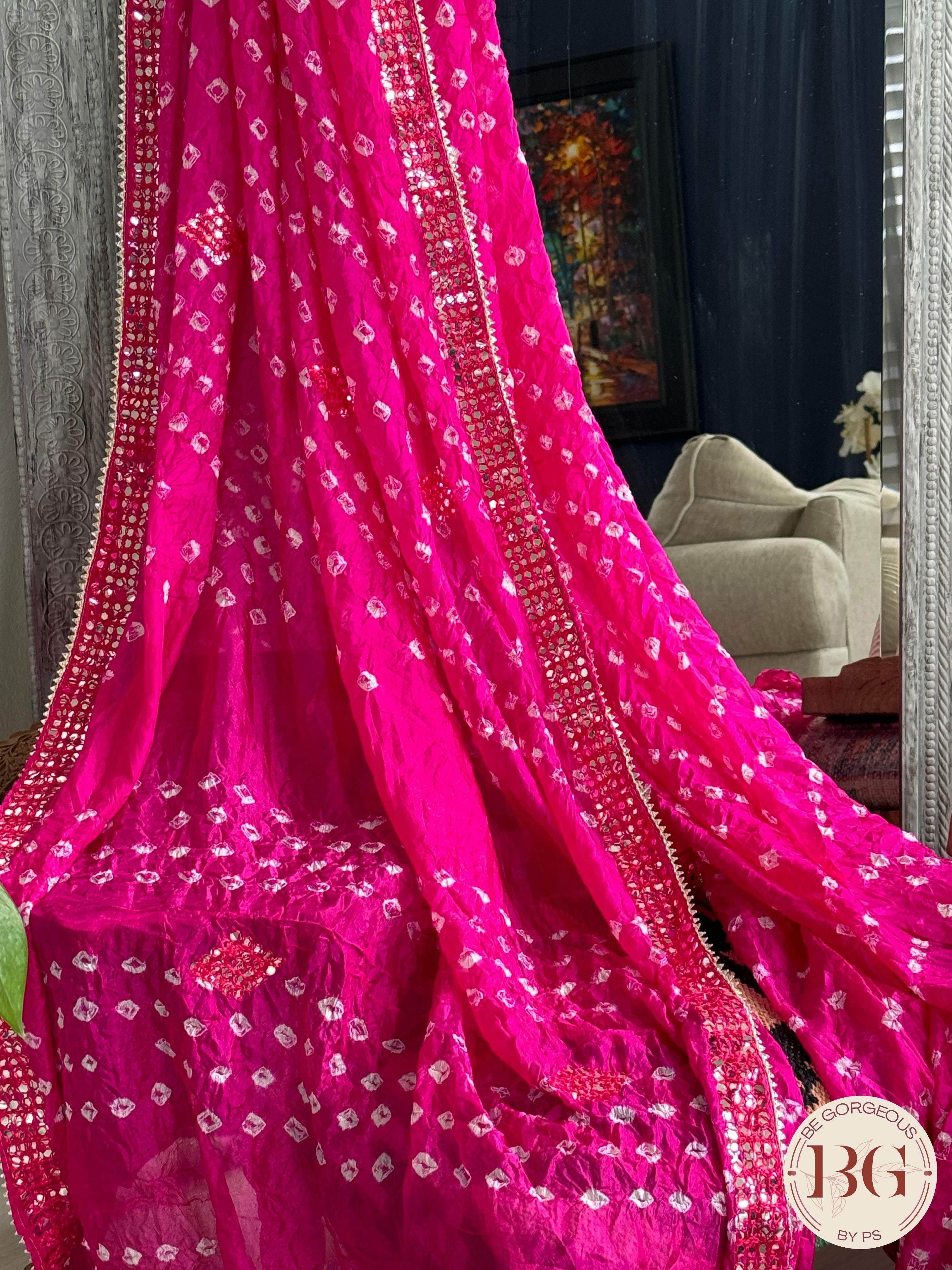 Bandhani on georgette with gota lace - pink