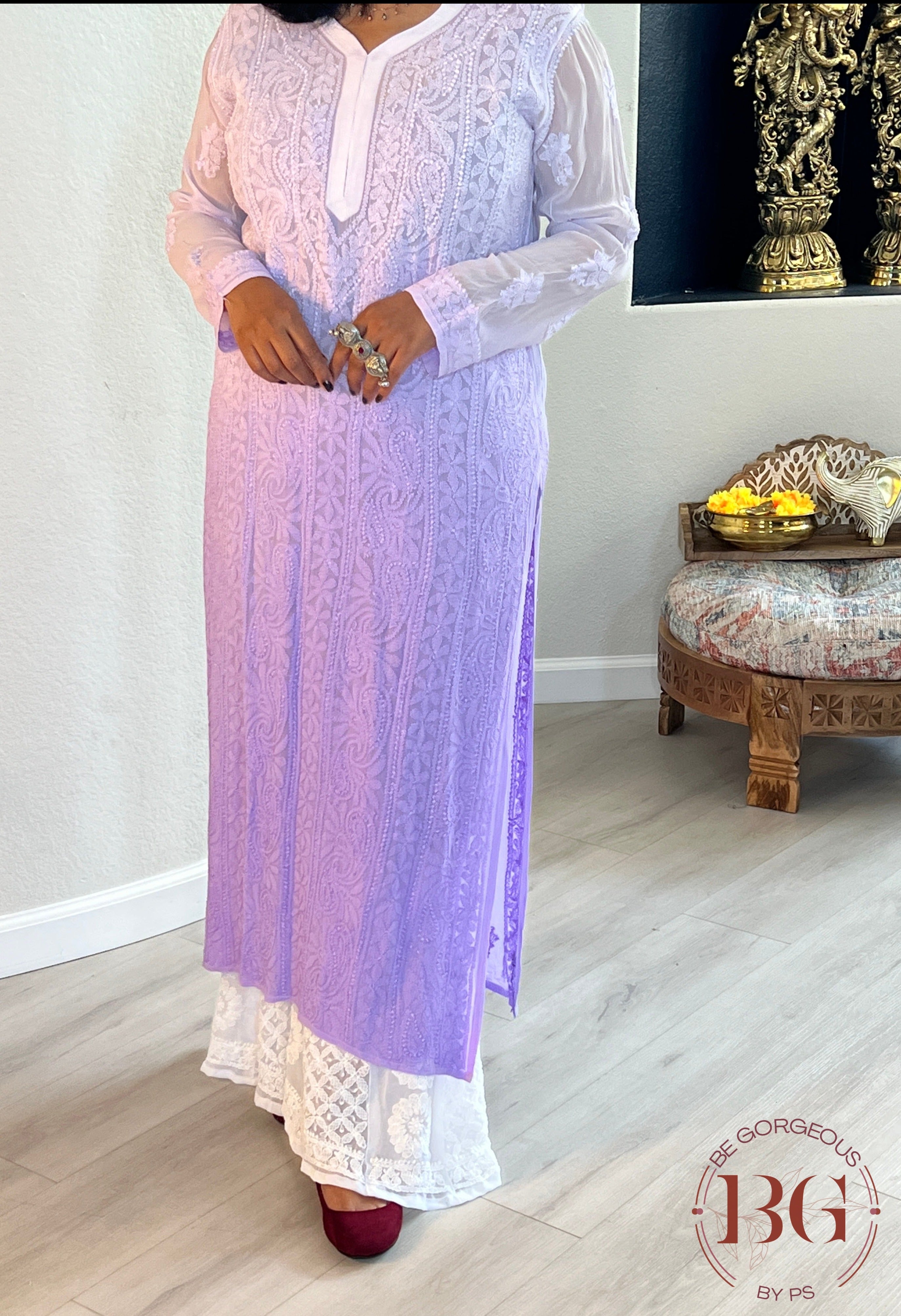 Pure Georgette Shaded Chikankari Purple Kurti