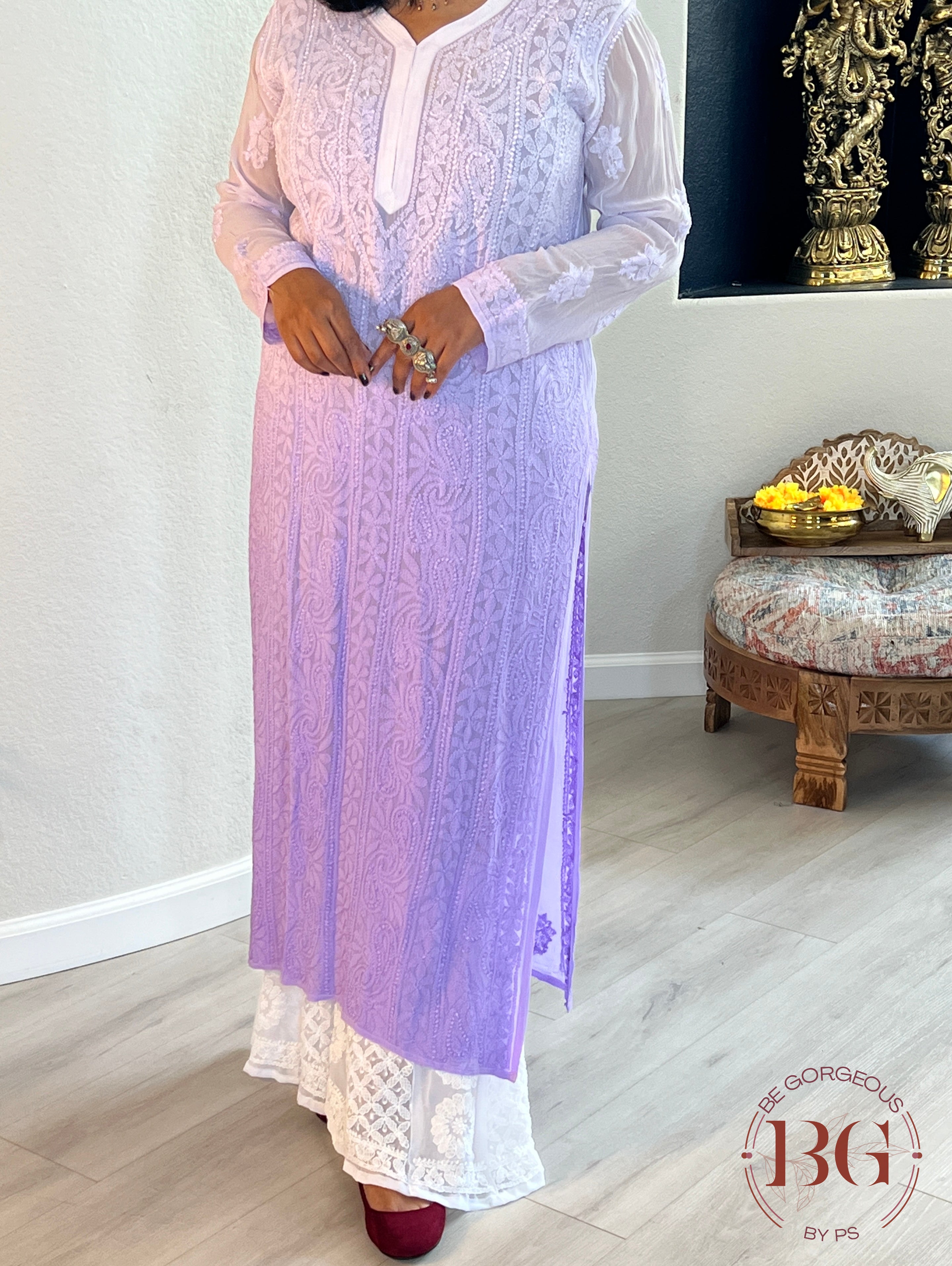 Pure Georgette Shaded Chikankari Purple Kurti