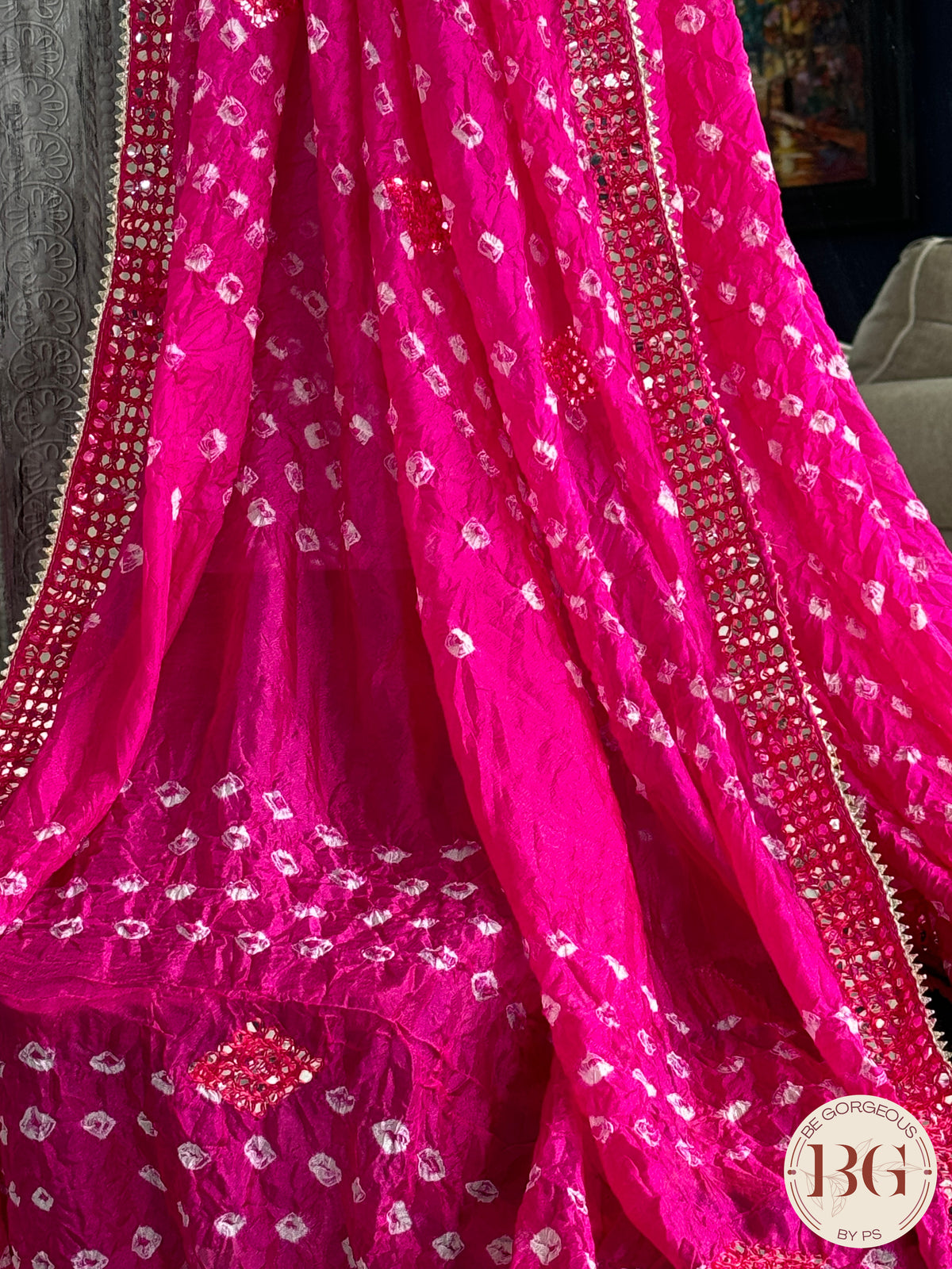 Bandhani on georgette with gota lace - pink
