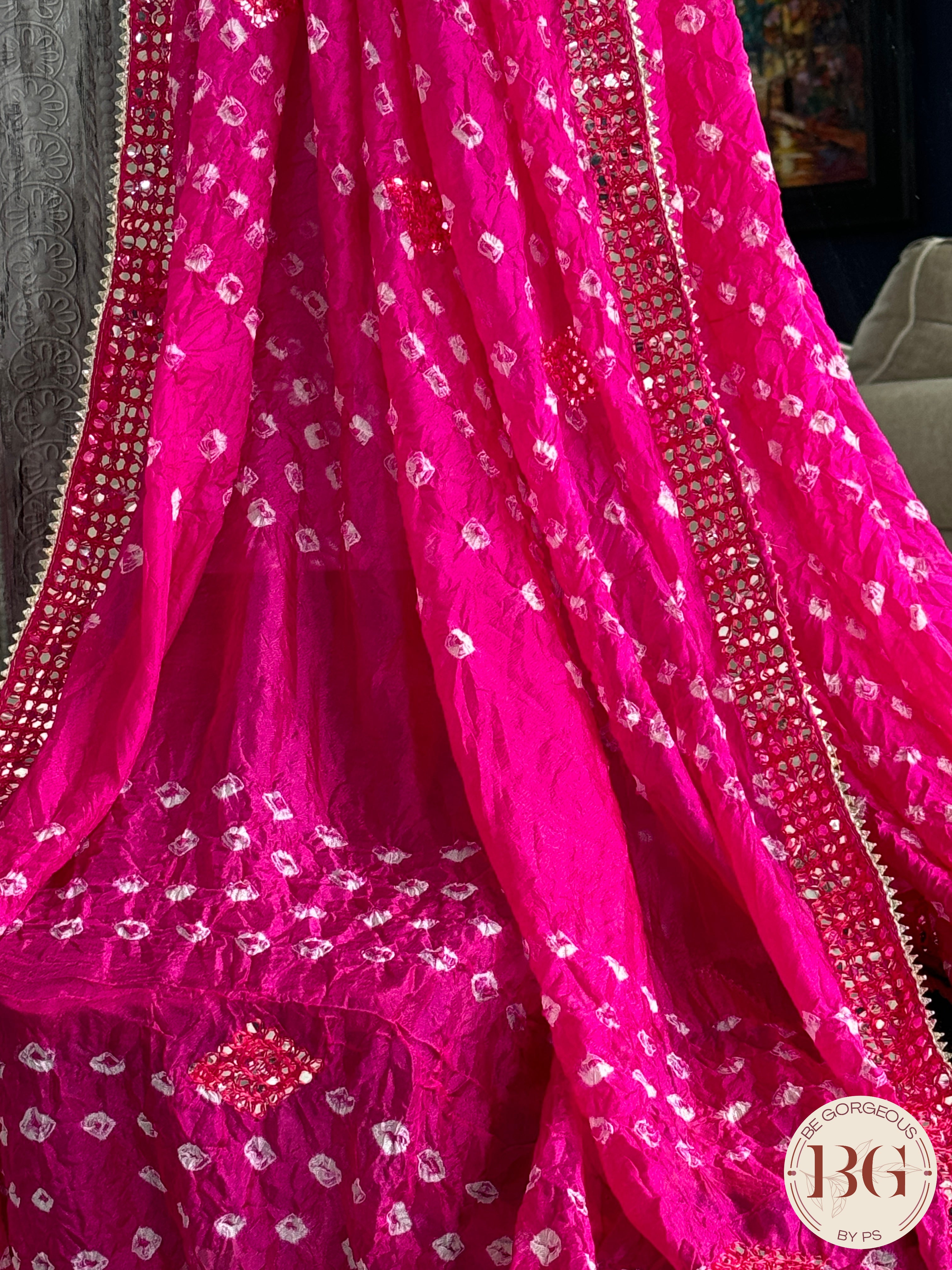 Bandhani on georgette with gota lace - pink