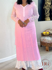 Pure Georgette Shaded Chikankari Pink Kurti