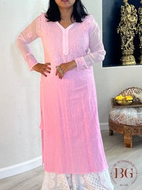 Pure Georgette Shaded Chikankari Pink Kurti