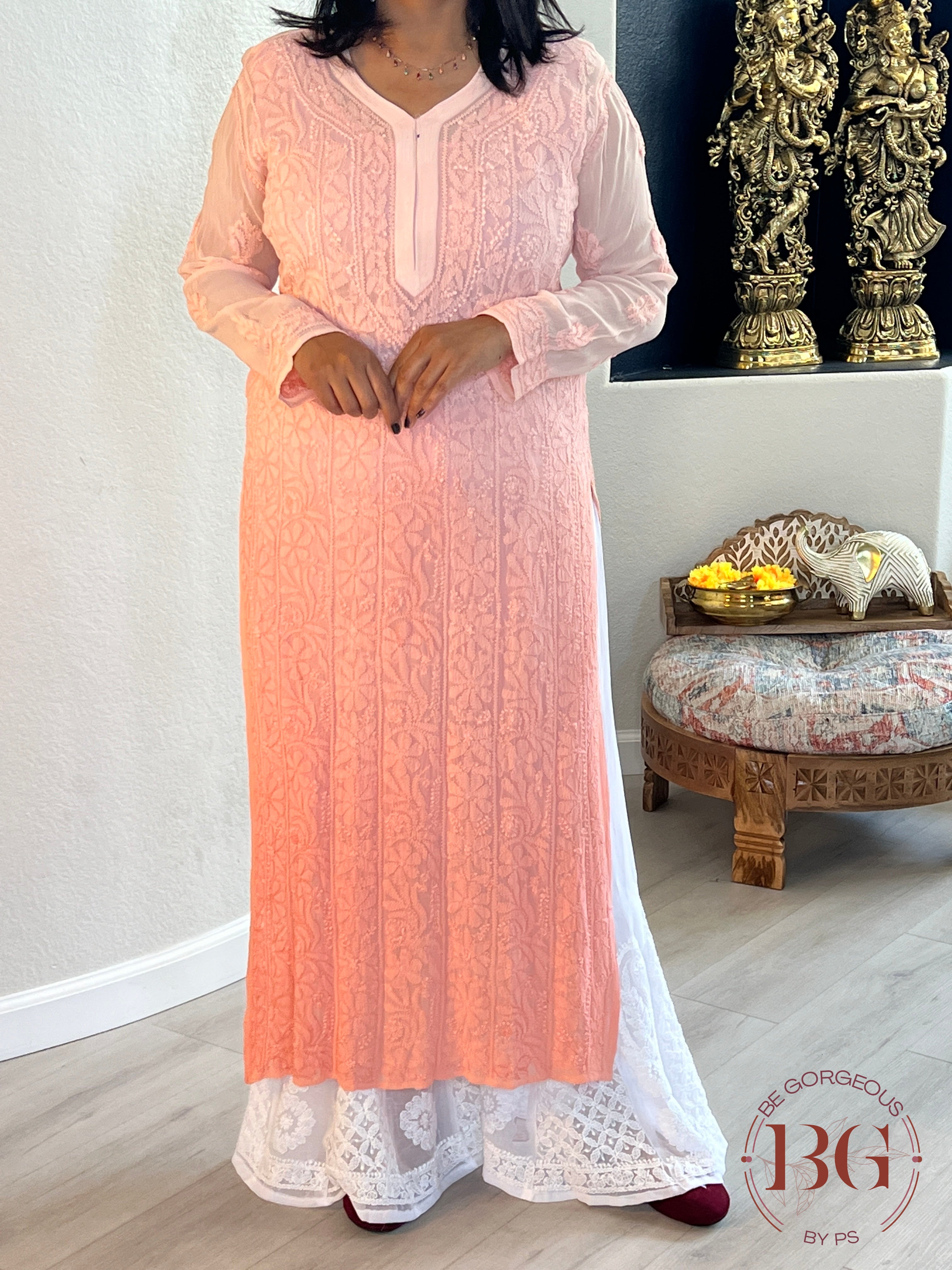 Pure Georgette Shaded Chikankari Peach Kurti