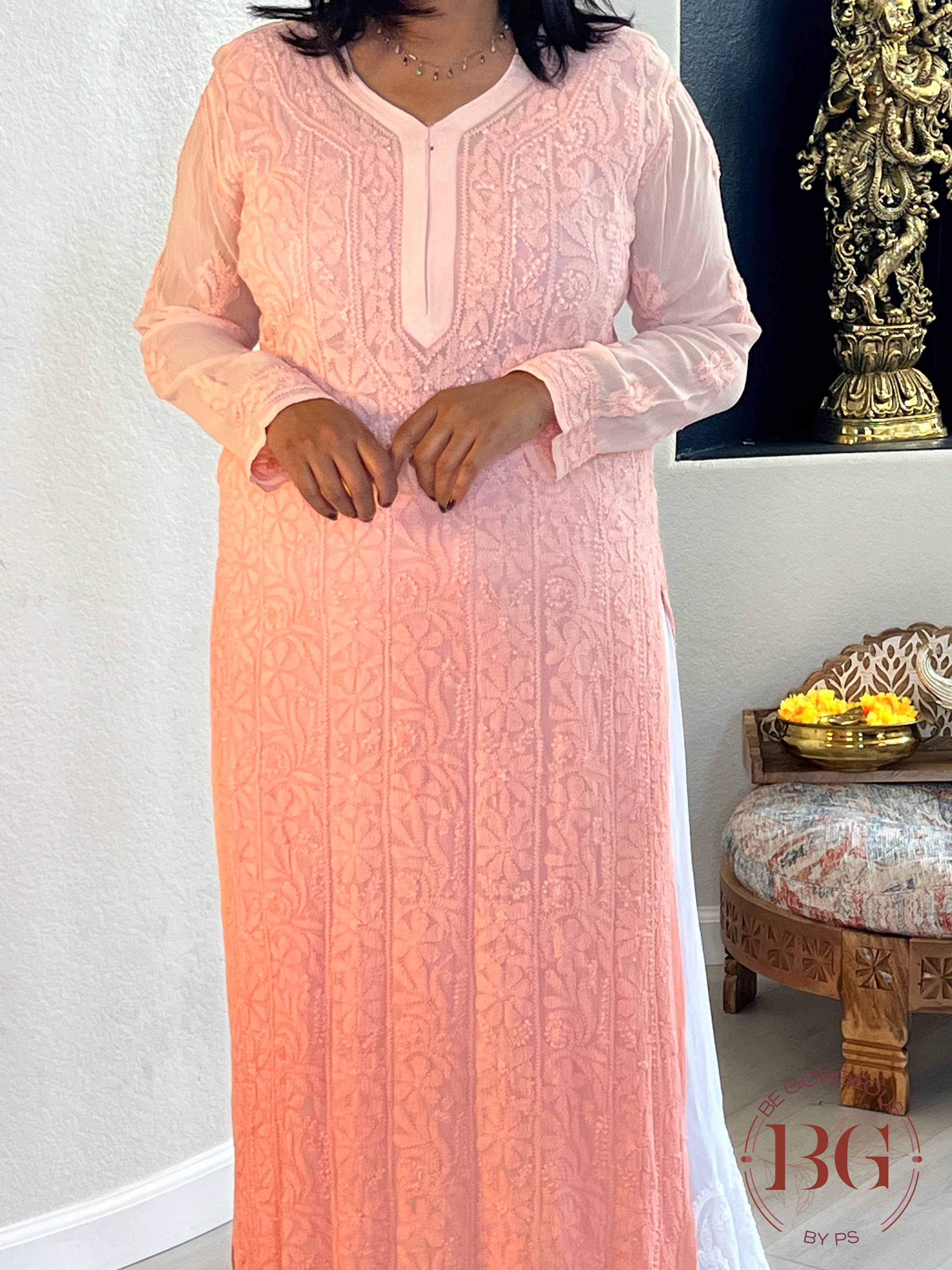 Pure Georgette Shaded Chikankari Peach Kurti