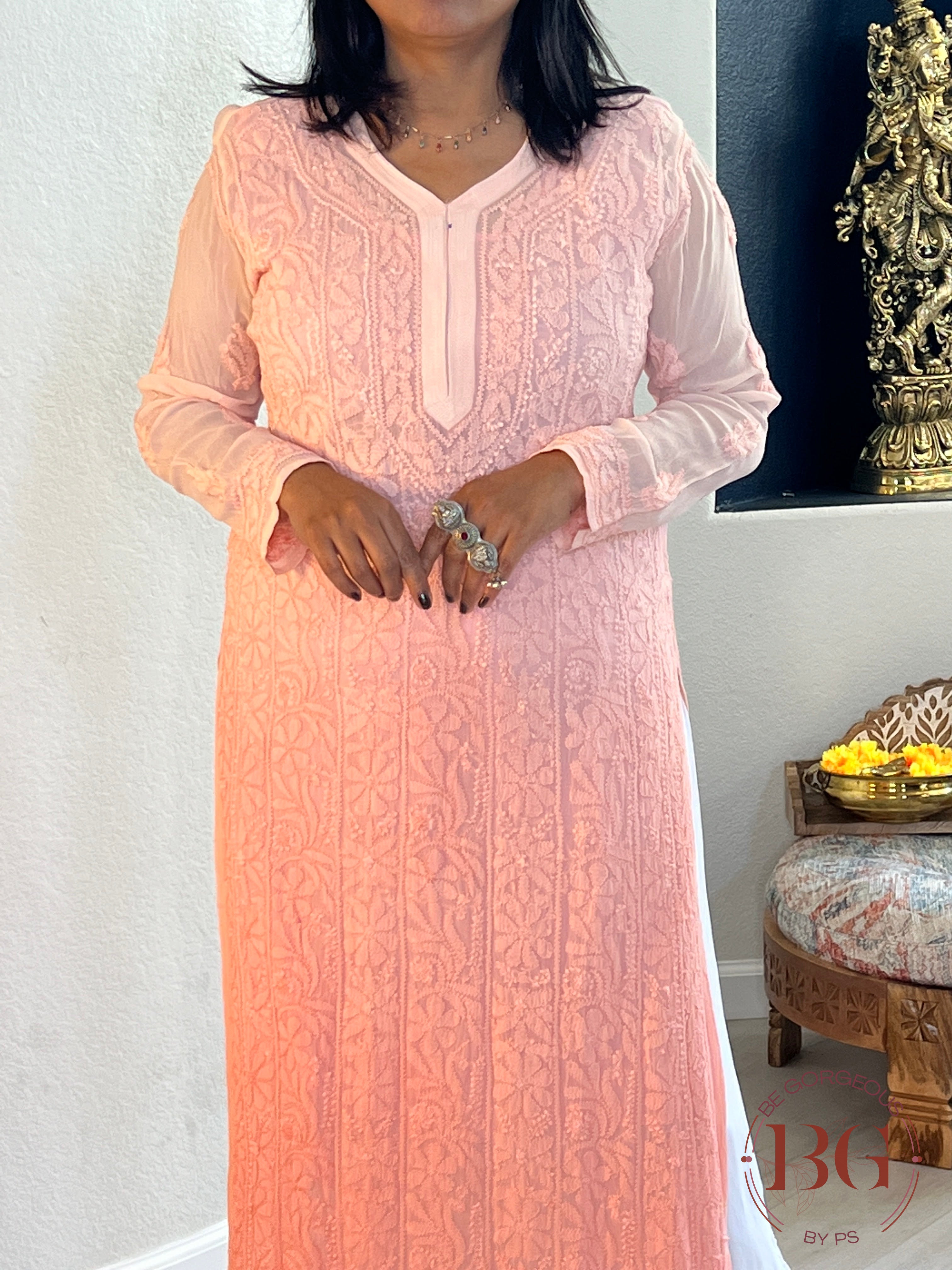 Pure Georgette Shaded Chikankari Peach Kurti