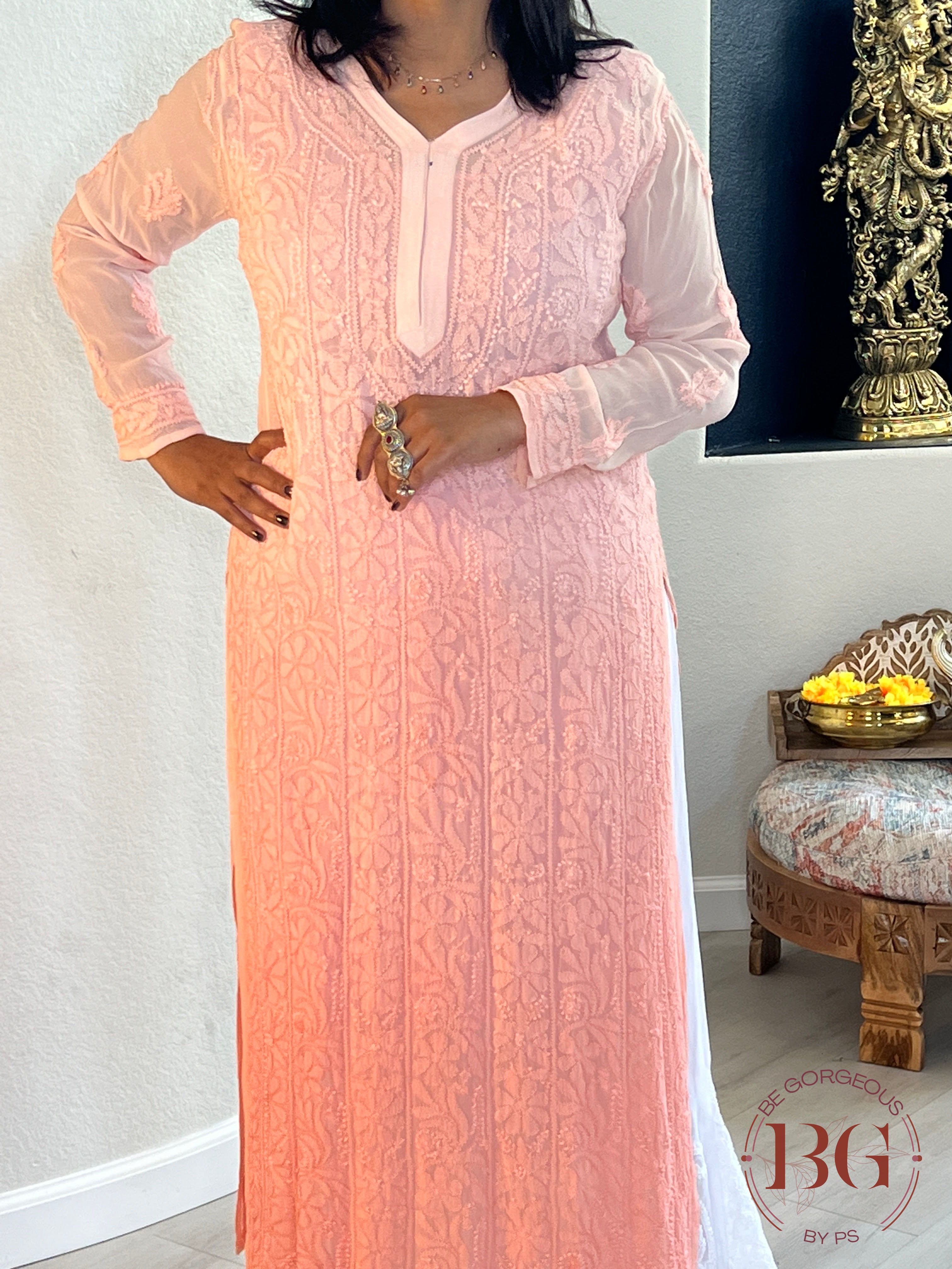 Pure Georgette Shaded Chikankari Peach Kurti