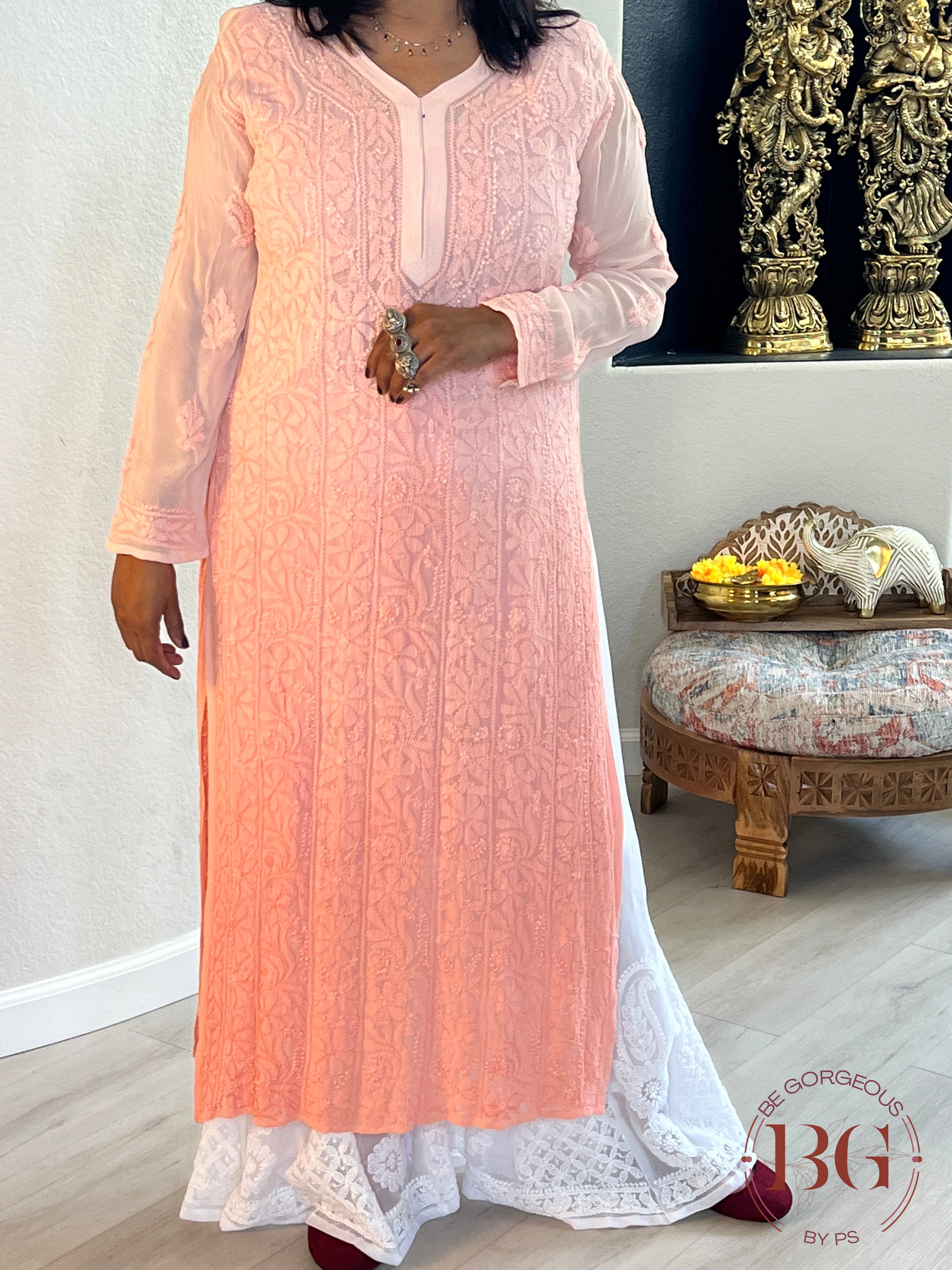 Pure Georgette Shaded Chikankari Peach Kurti