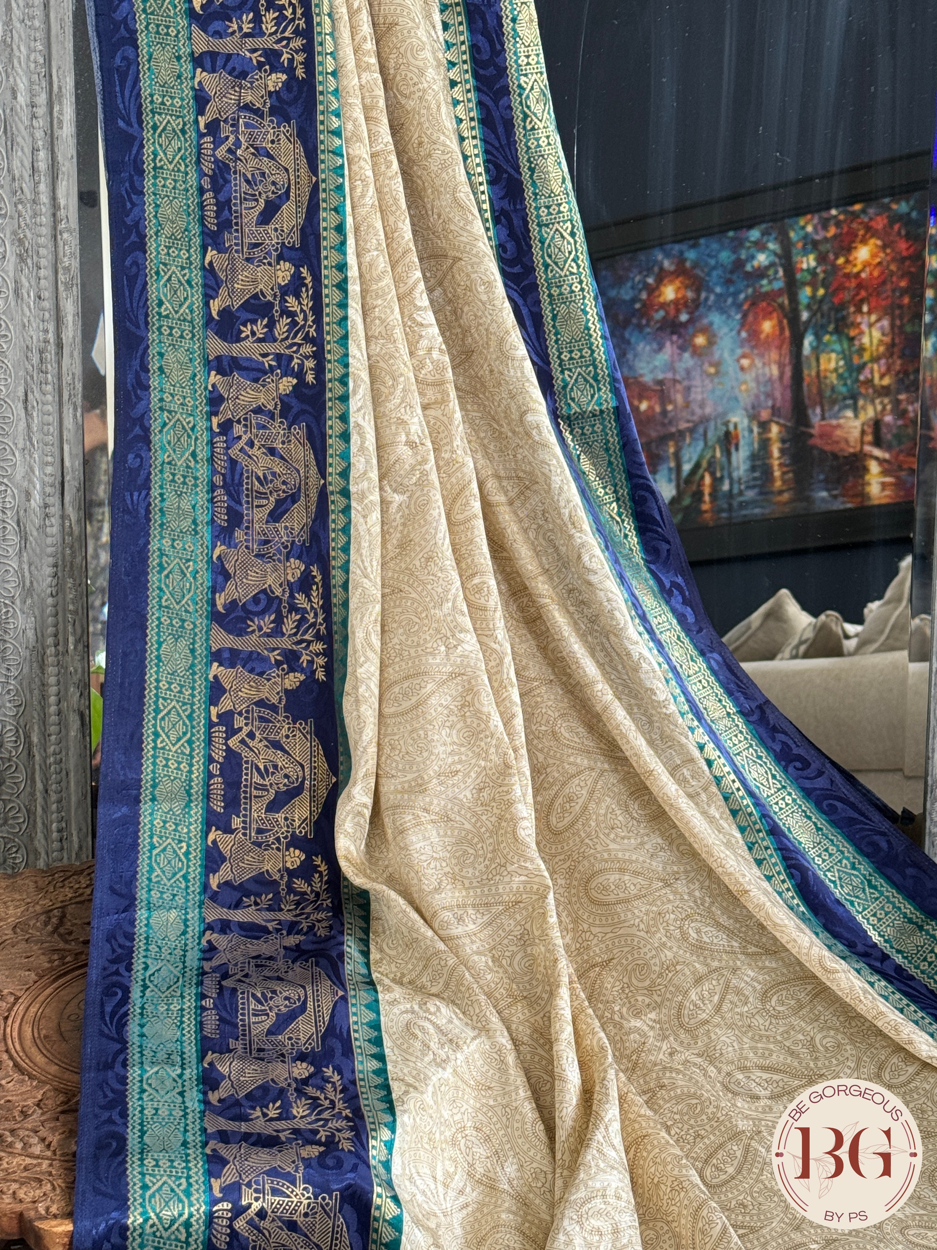 Organic Vegan Lotus saree - Beige Blue