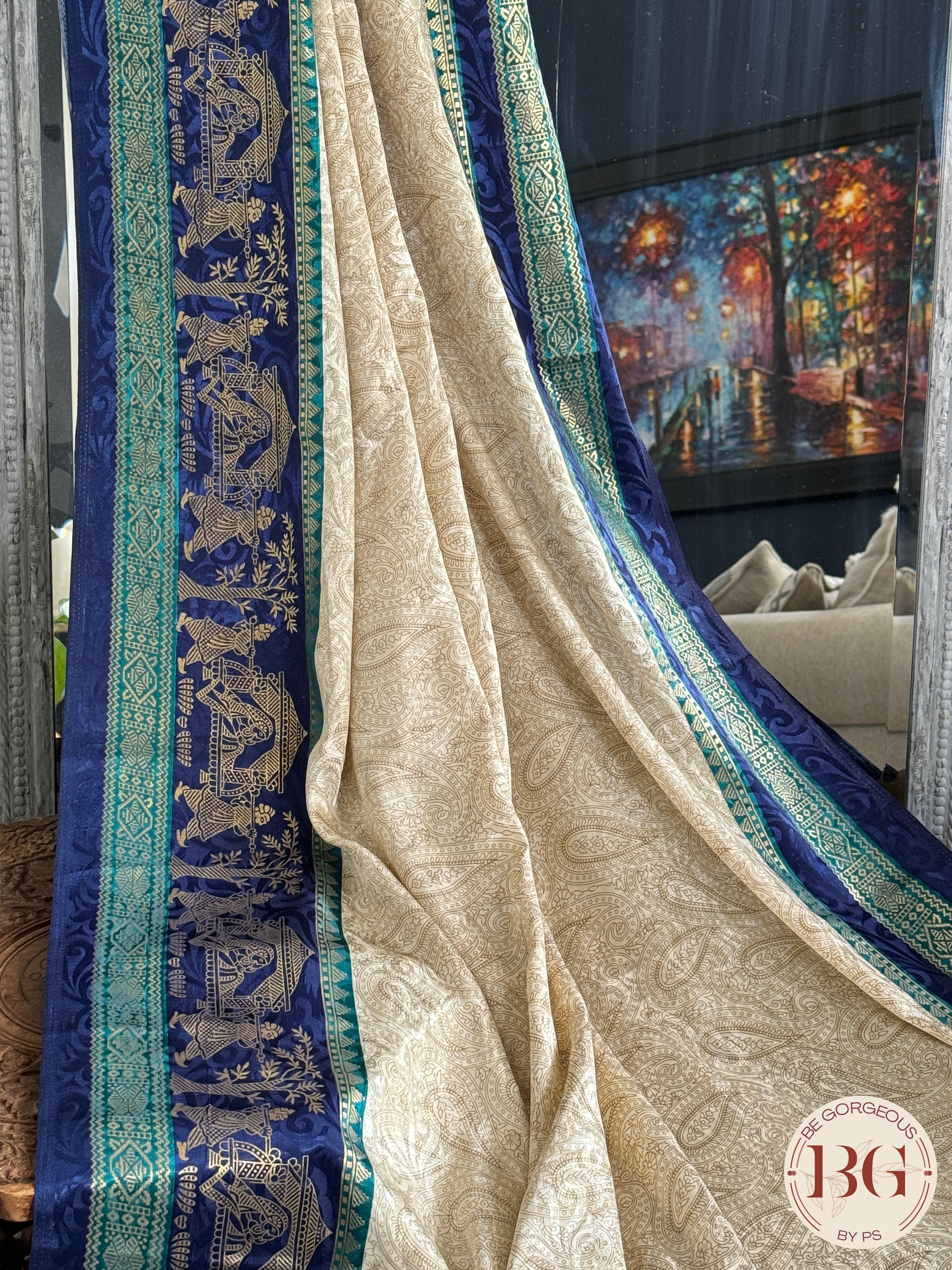 Organic Vegan Lotus saree - Beige Blue