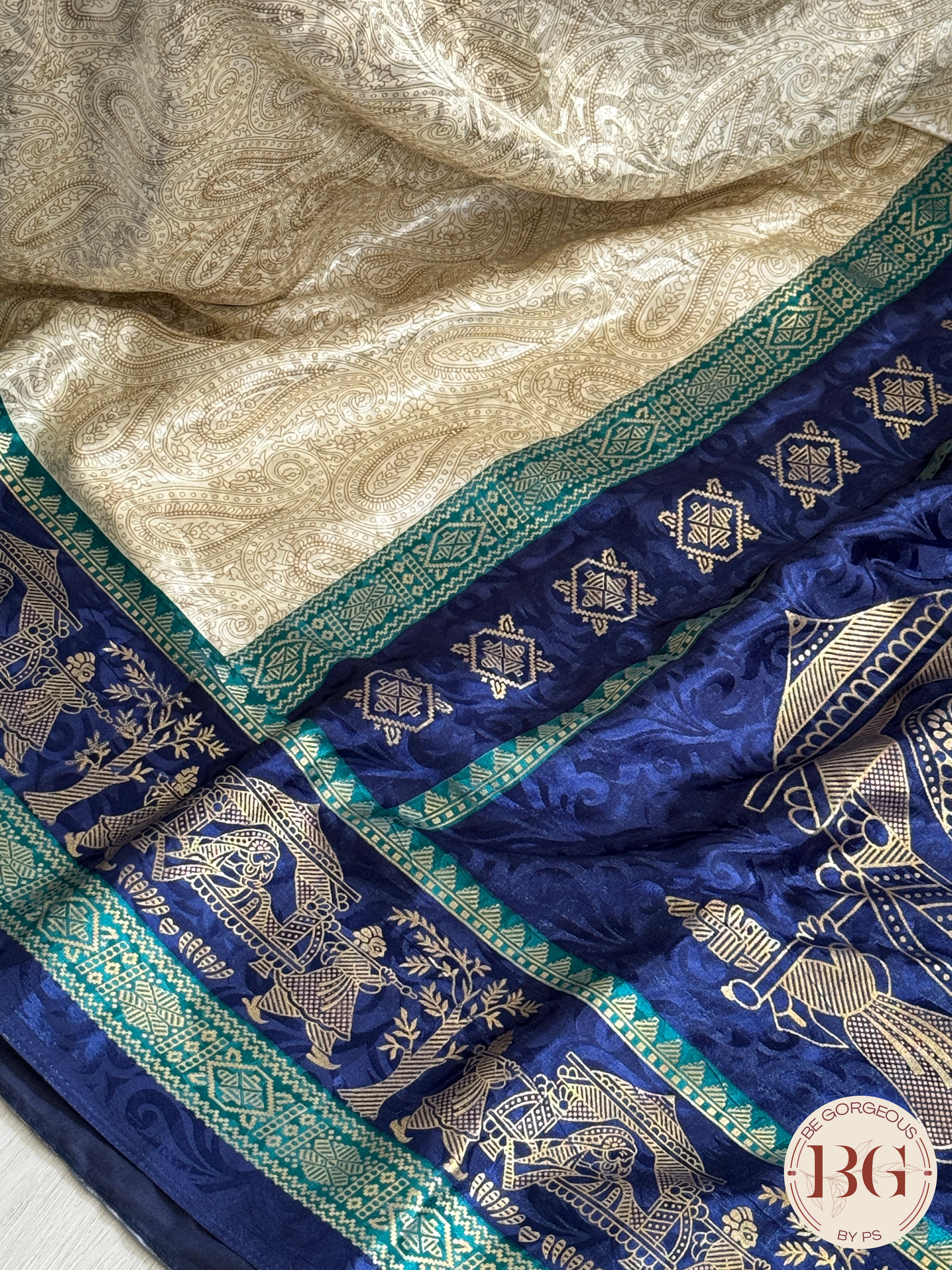 Organic Vegan Lotus saree - Beige Blue