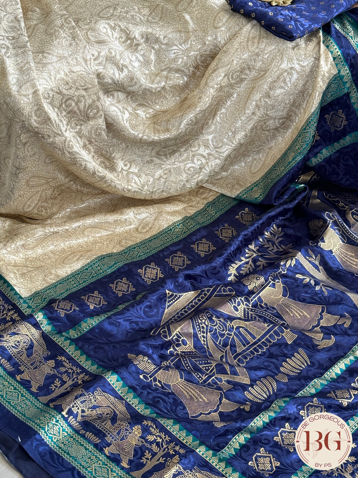 Organic Vegan Lotus saree - Beige Blue