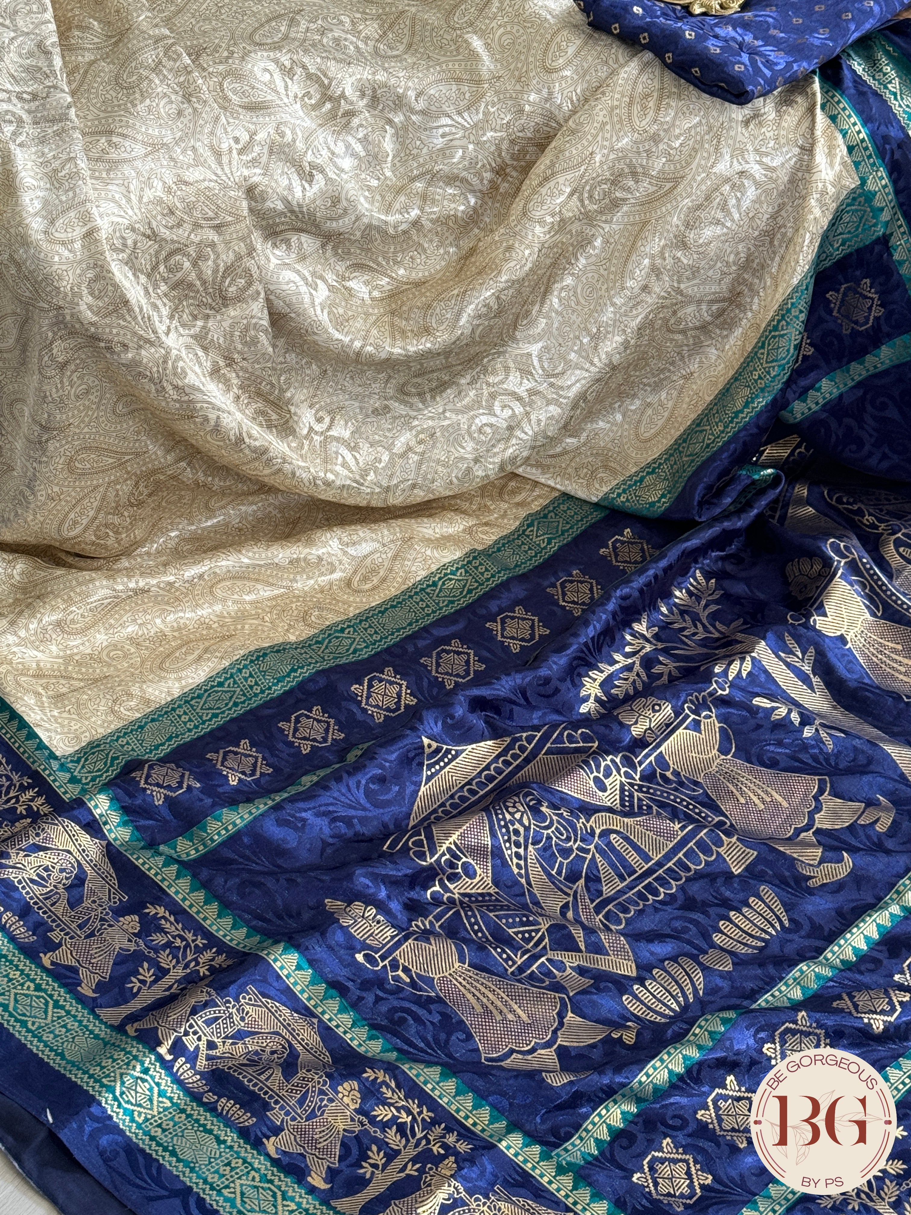 Organic Vegan Lotus saree - Beige Blue