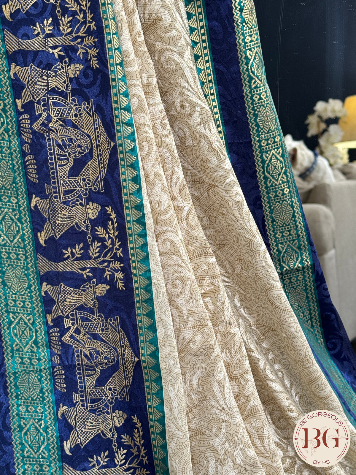 Organic Vegan Lotus saree - Beige Blue