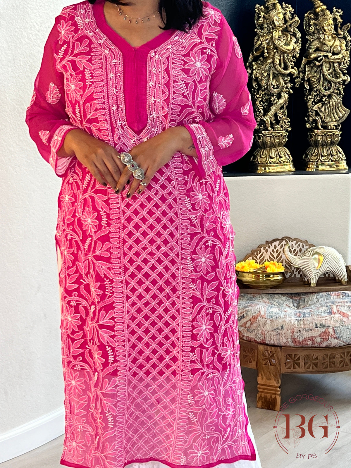 Chiffon Front Jaal Kurti(40) Hot Pink CH-CHI-FRO-HO344