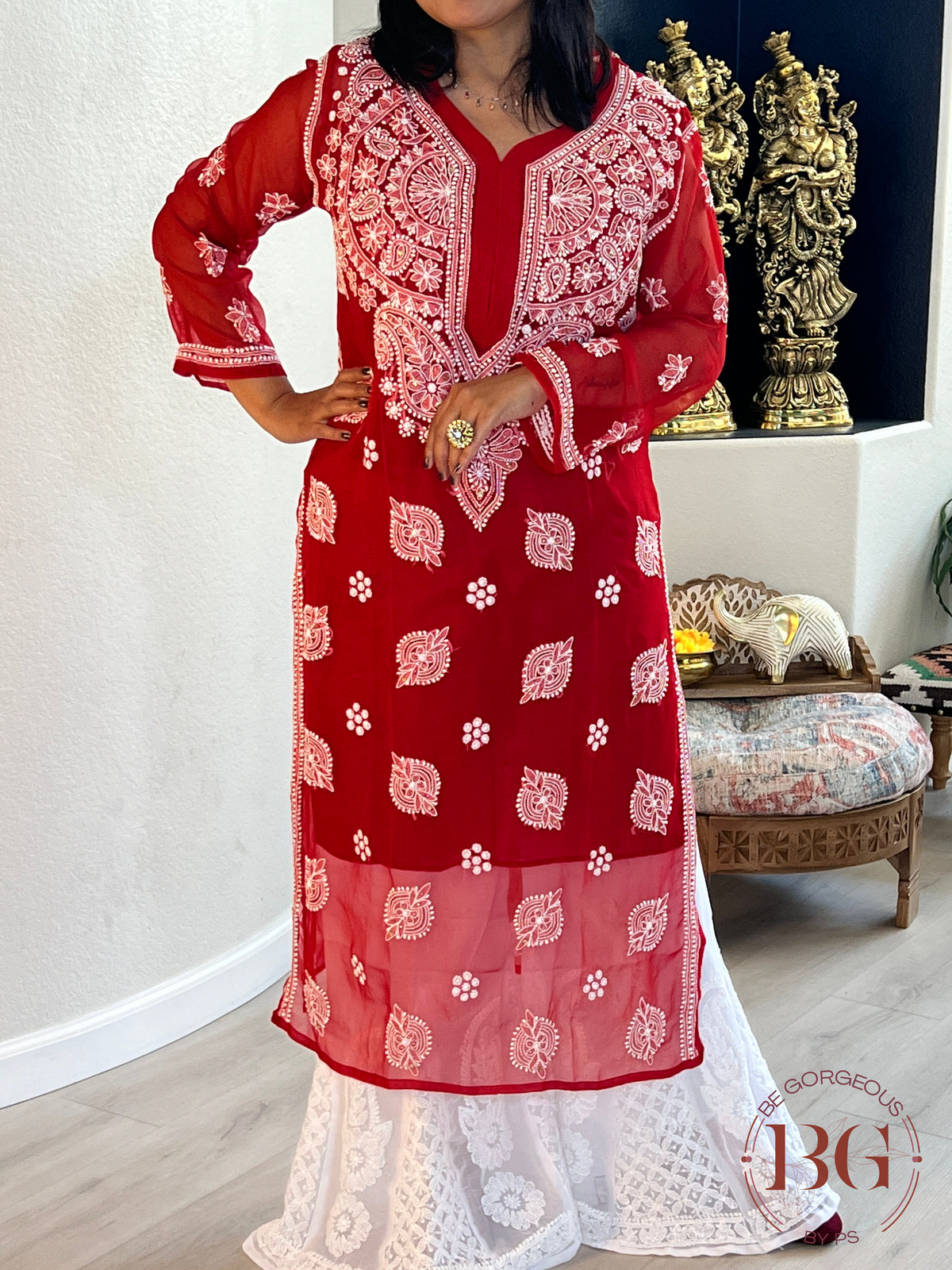 Chiffon Front Jaal Kurti(40) Red CH-CHI-FRO-RE345