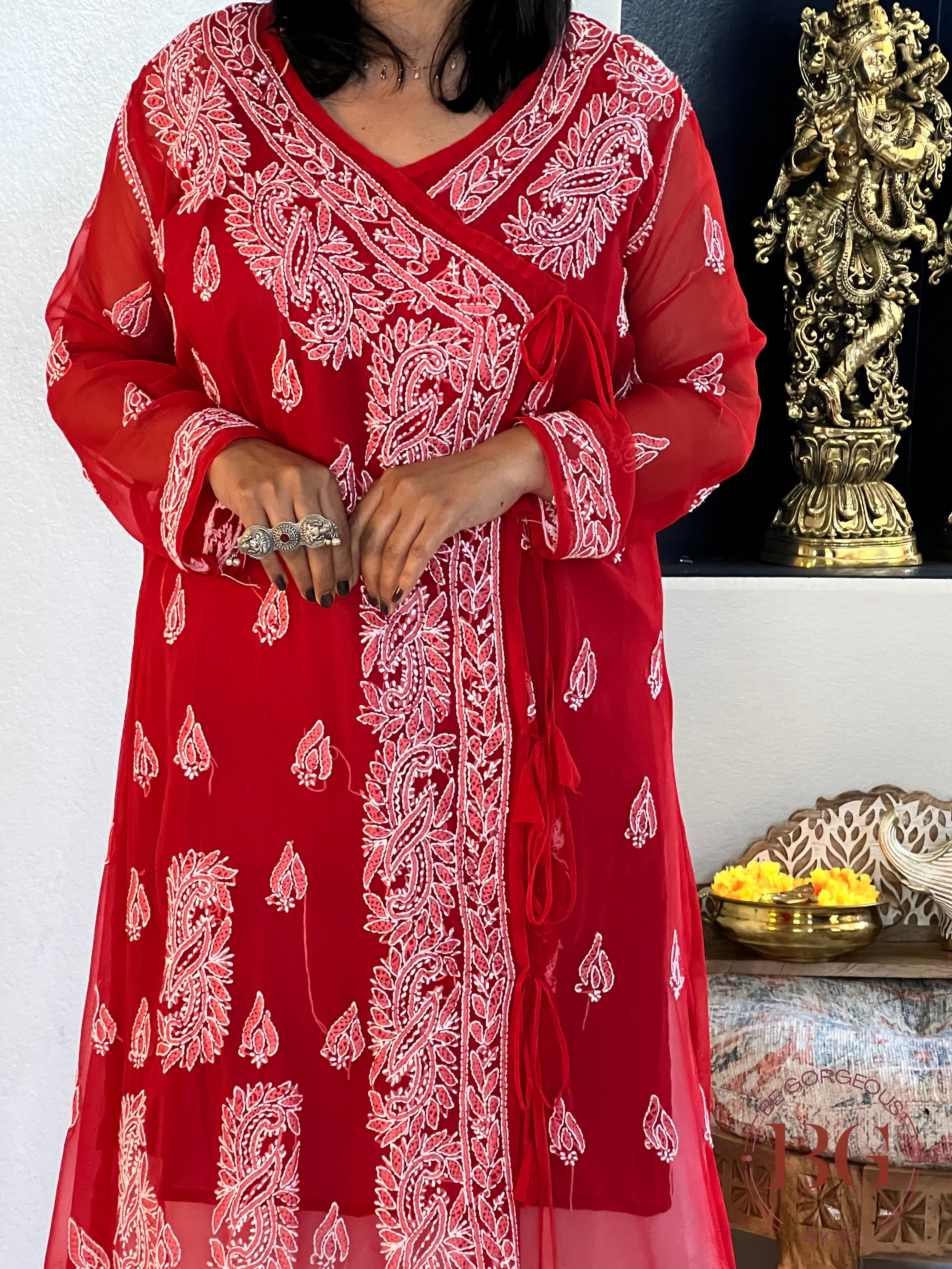 Chikankari angrakha style kurti in red color