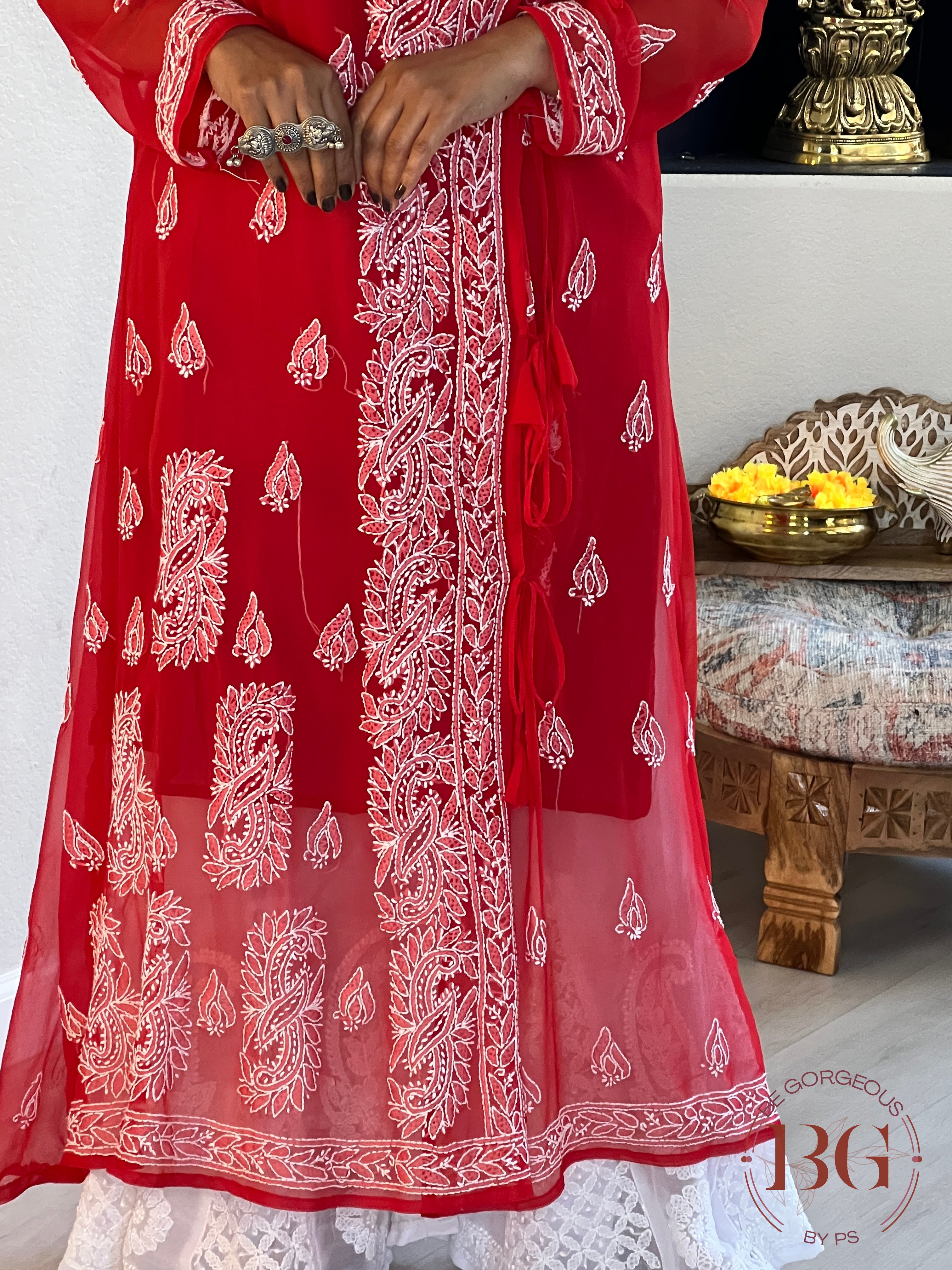 Chikankari angrakha style kurti in red color