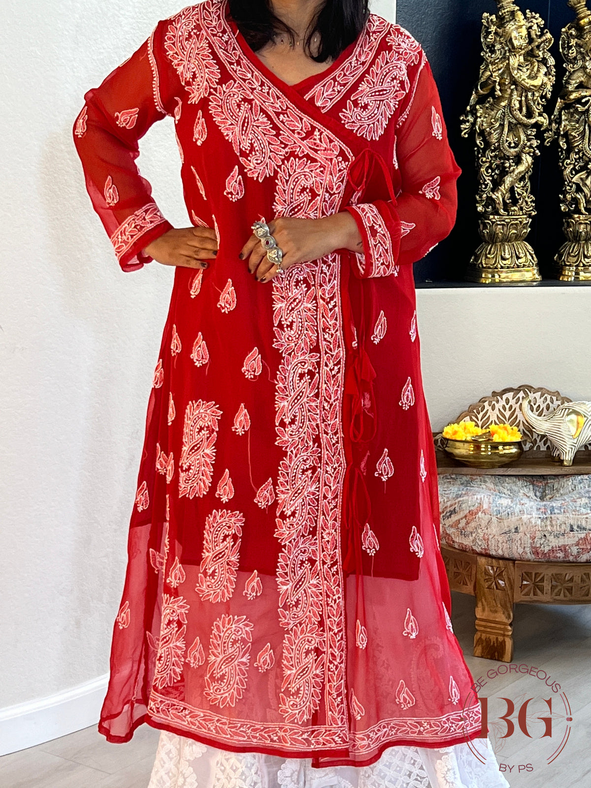 Chikankari angrakha style kurti in red color