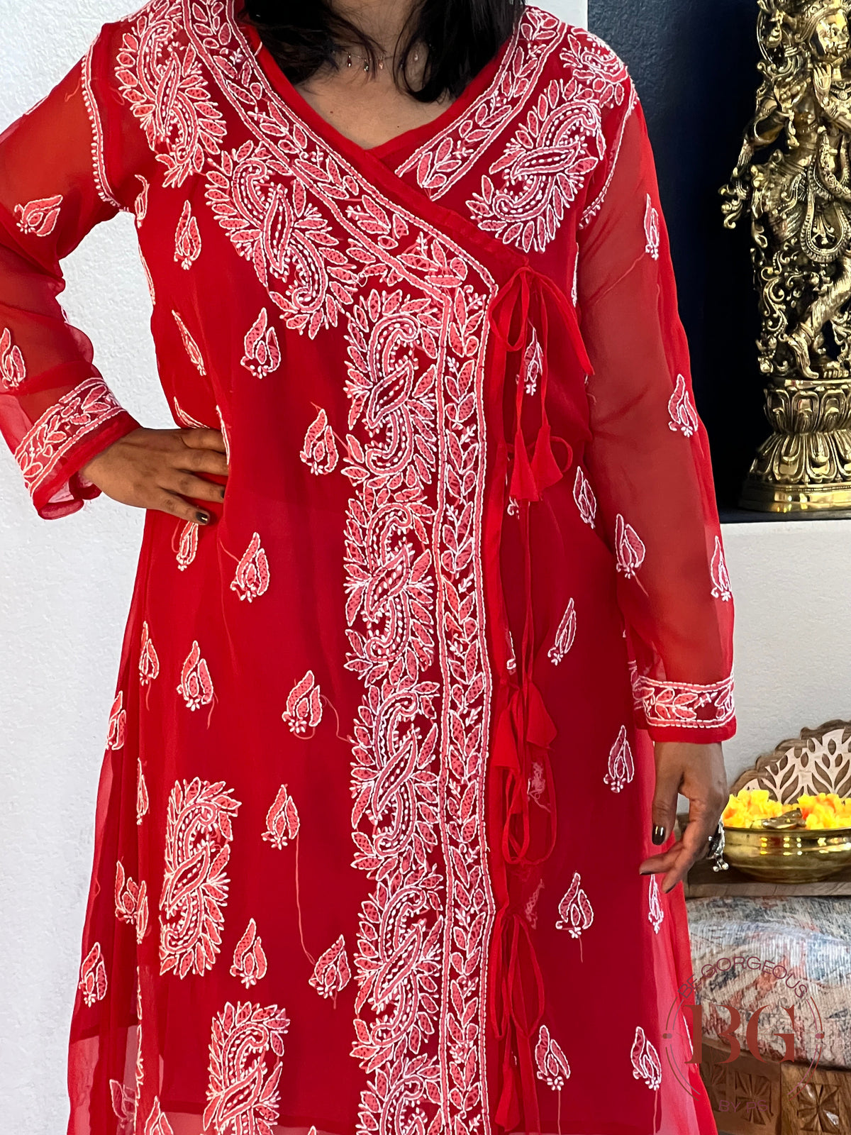 Chikankari angrakha style kurti in red color