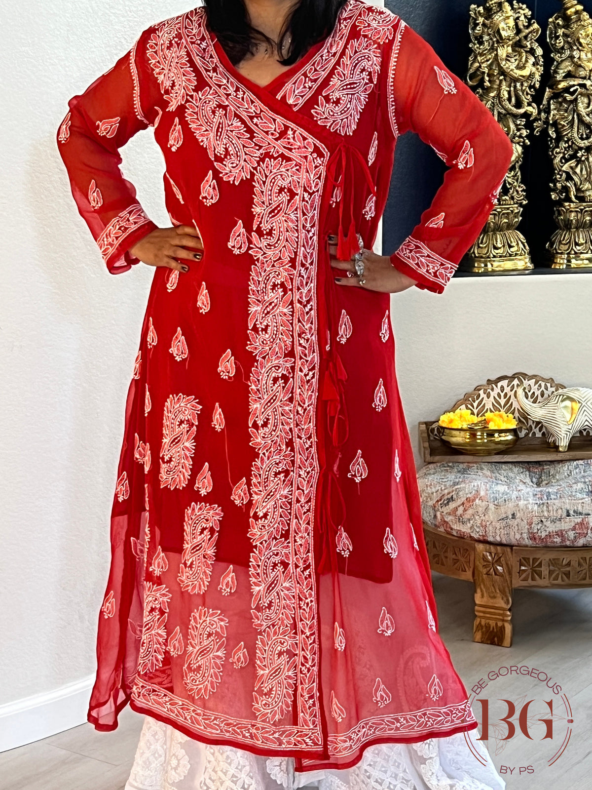 Chikankari angrakha style kurti in red color