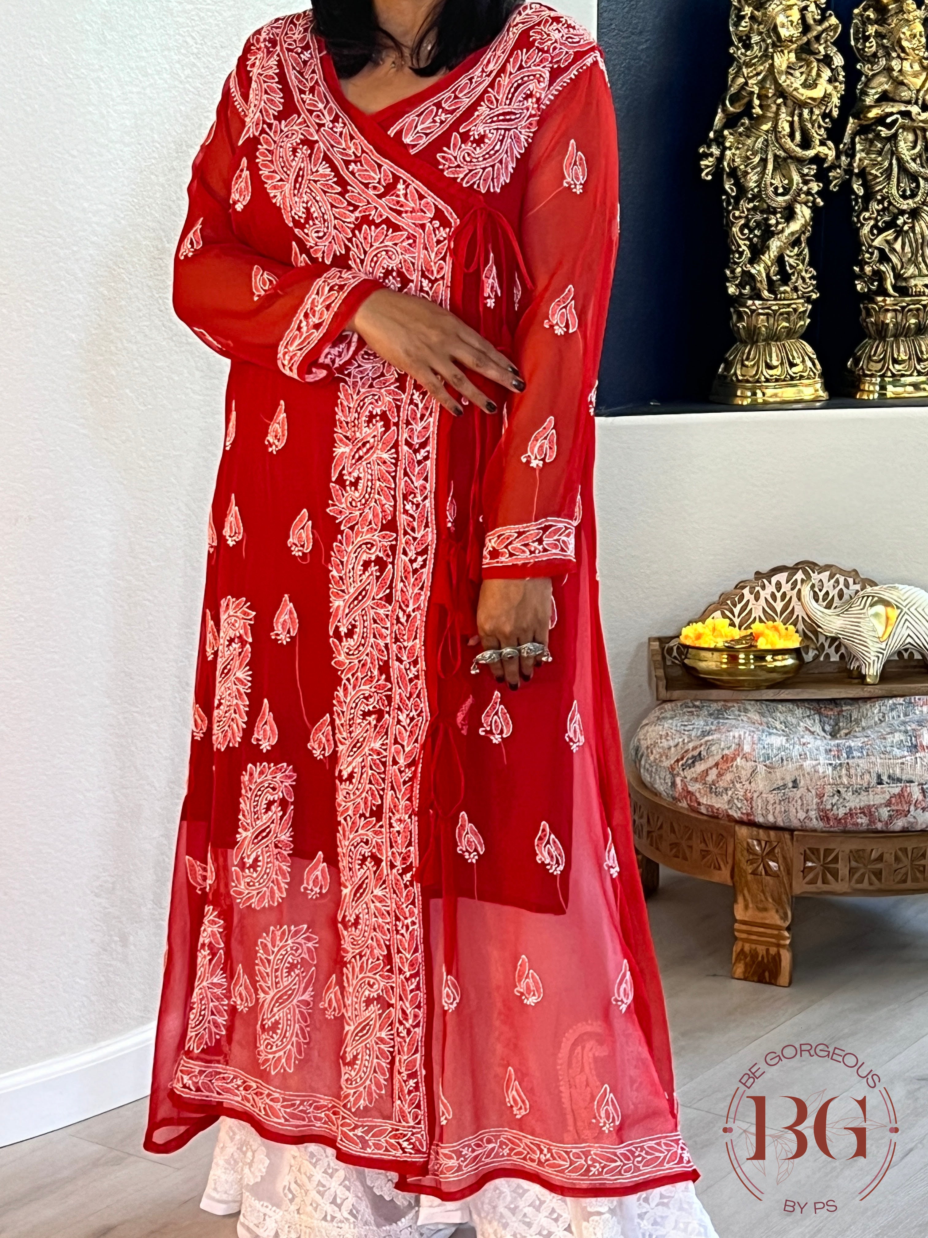 Chikankari angrakha style kurti in red color