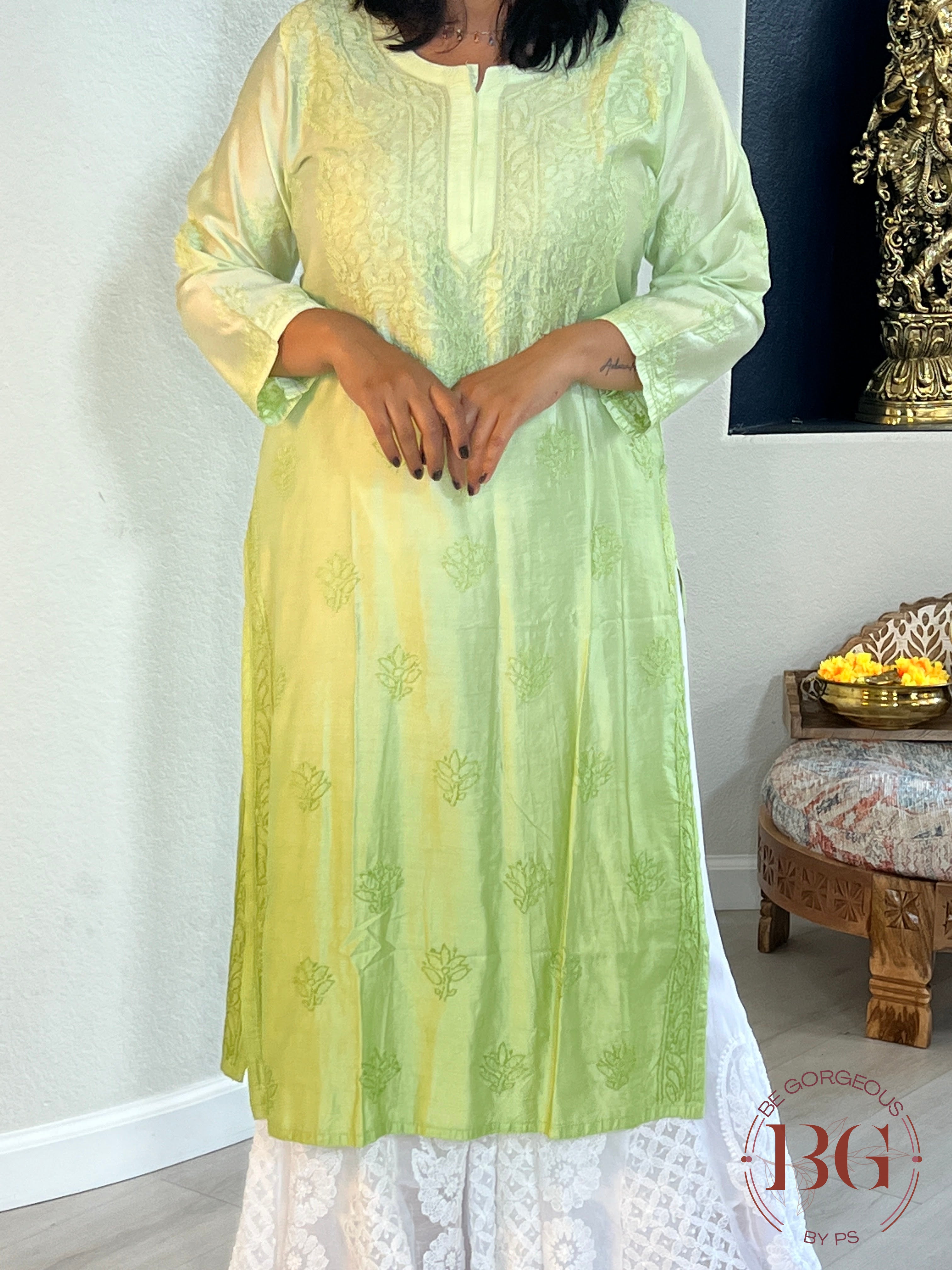 Muslin Silk Shaded Chikankari Pista Green Kurti