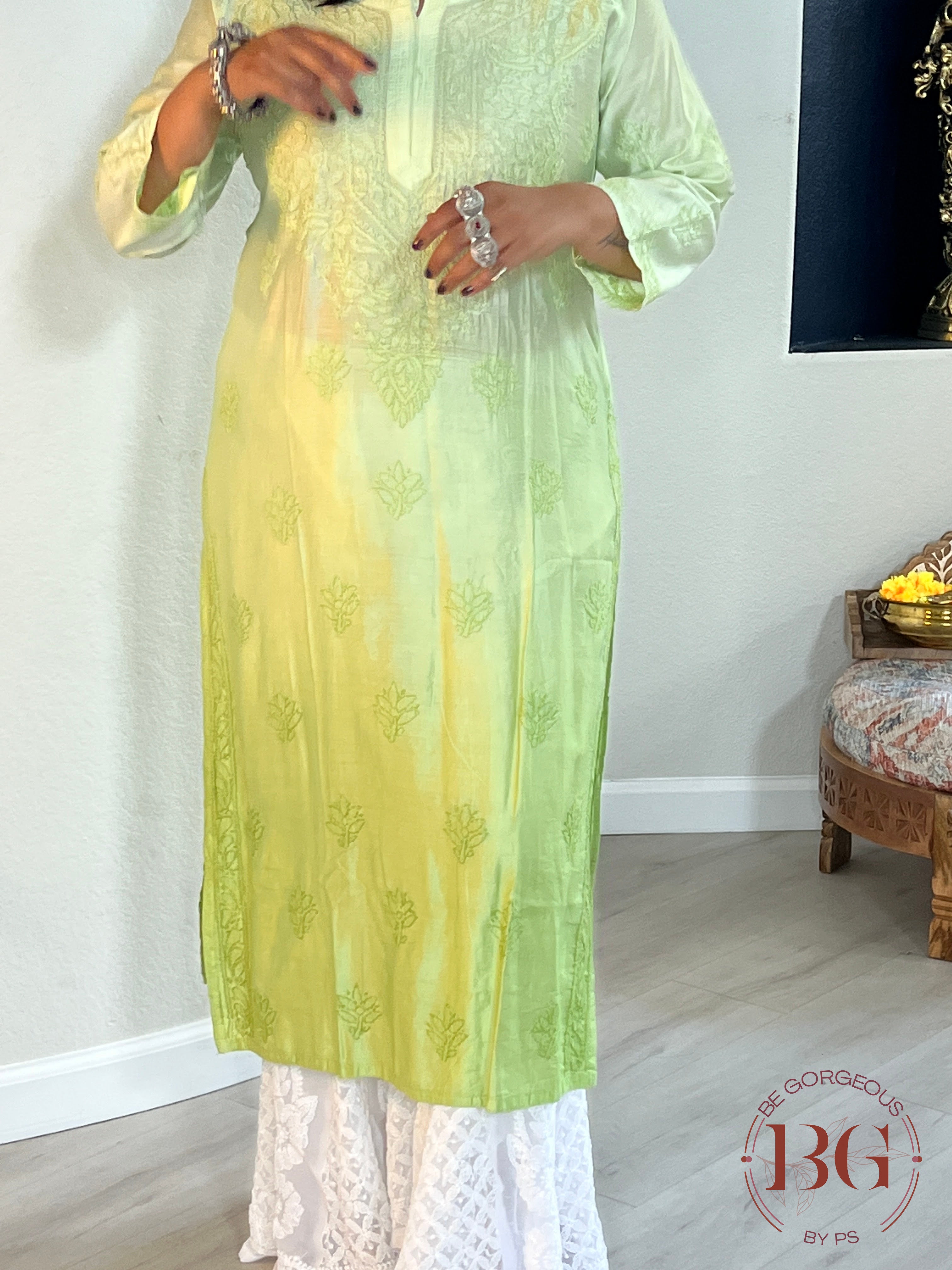 Muslin Silk Shaded Chikankari Pista Green Kurti