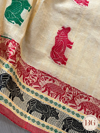 Kaziranga Assam Cotton Blend Saree in CREAM RED color with rhino motifs