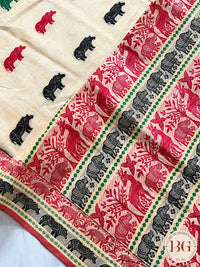 Kaziranga Assam Cotton Blend Saree in CREAM RED color with rhino motifs