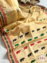 Kaziranga Assam Cotton Blend Saree in CREAM RED color with rhino motifs