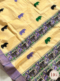 Kaziranga Assam Cotton Blend Saree in CREAM PURPLE color with rhino motifs