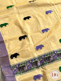 Kaziranga Assam Cotton Blend Saree in CREAM PURPLE color with rhino motifs