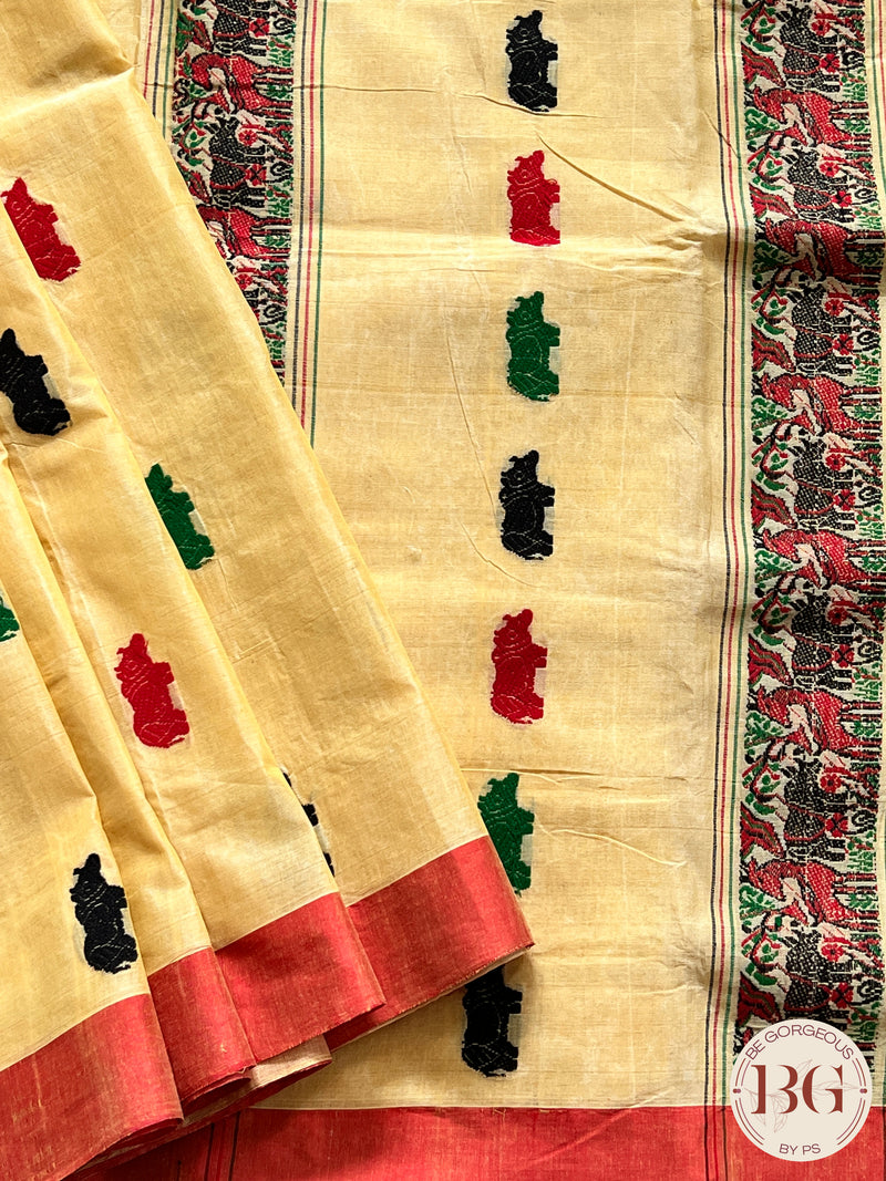 Kaziranga Assam Cotton Blend Saree in CREAM RED color with rhino motifs