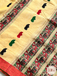 Kaziranga Assam Cotton Blend Saree in CREAM RED color with rhino motifs