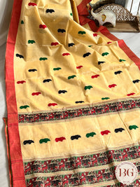 Kaziranga Assam Cotton Blend Saree in CREAM RED color with rhino motifs