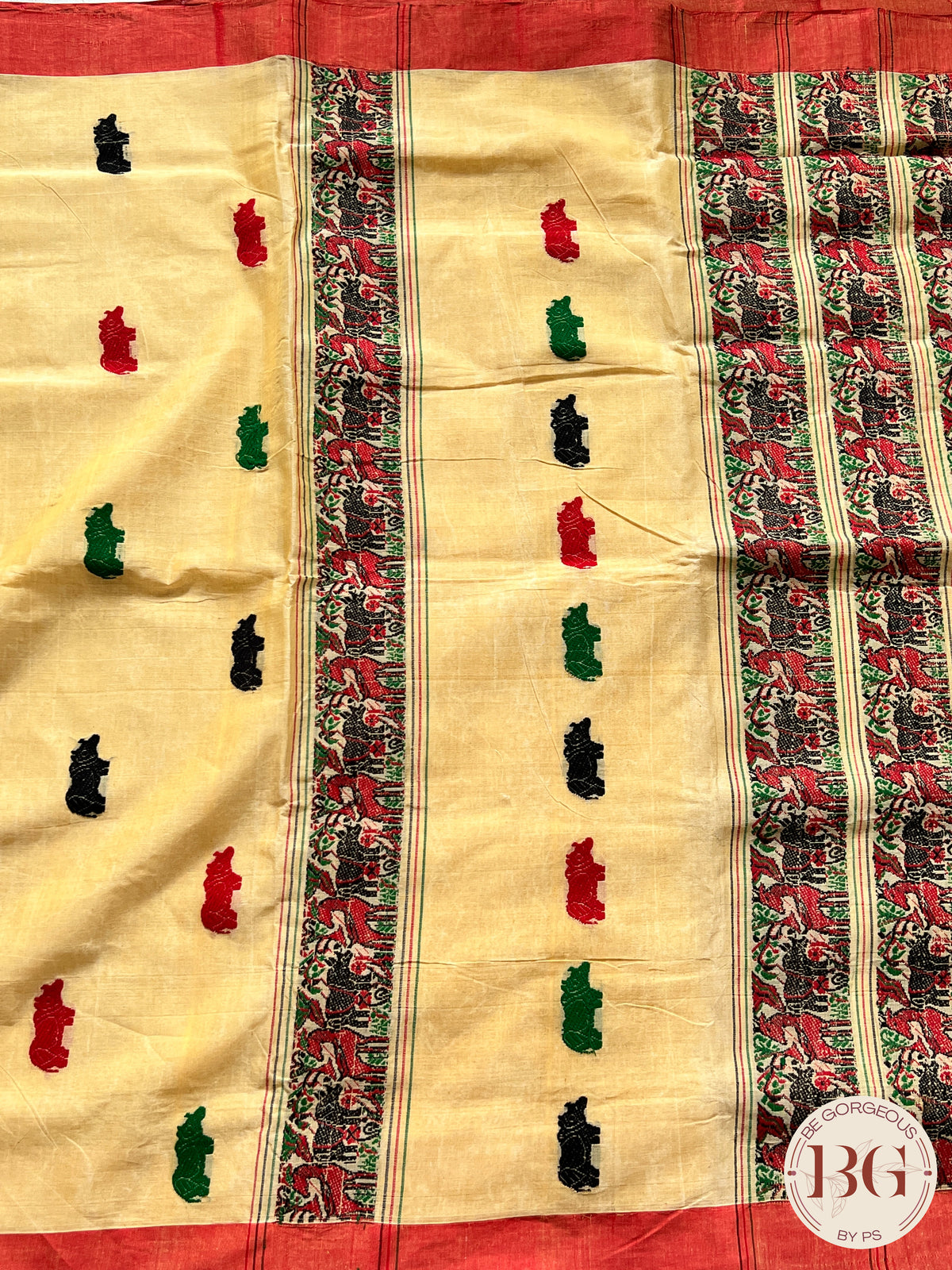 Kaziranga Assam Cotton Blend Saree in CREAM RED color with rhino motifs