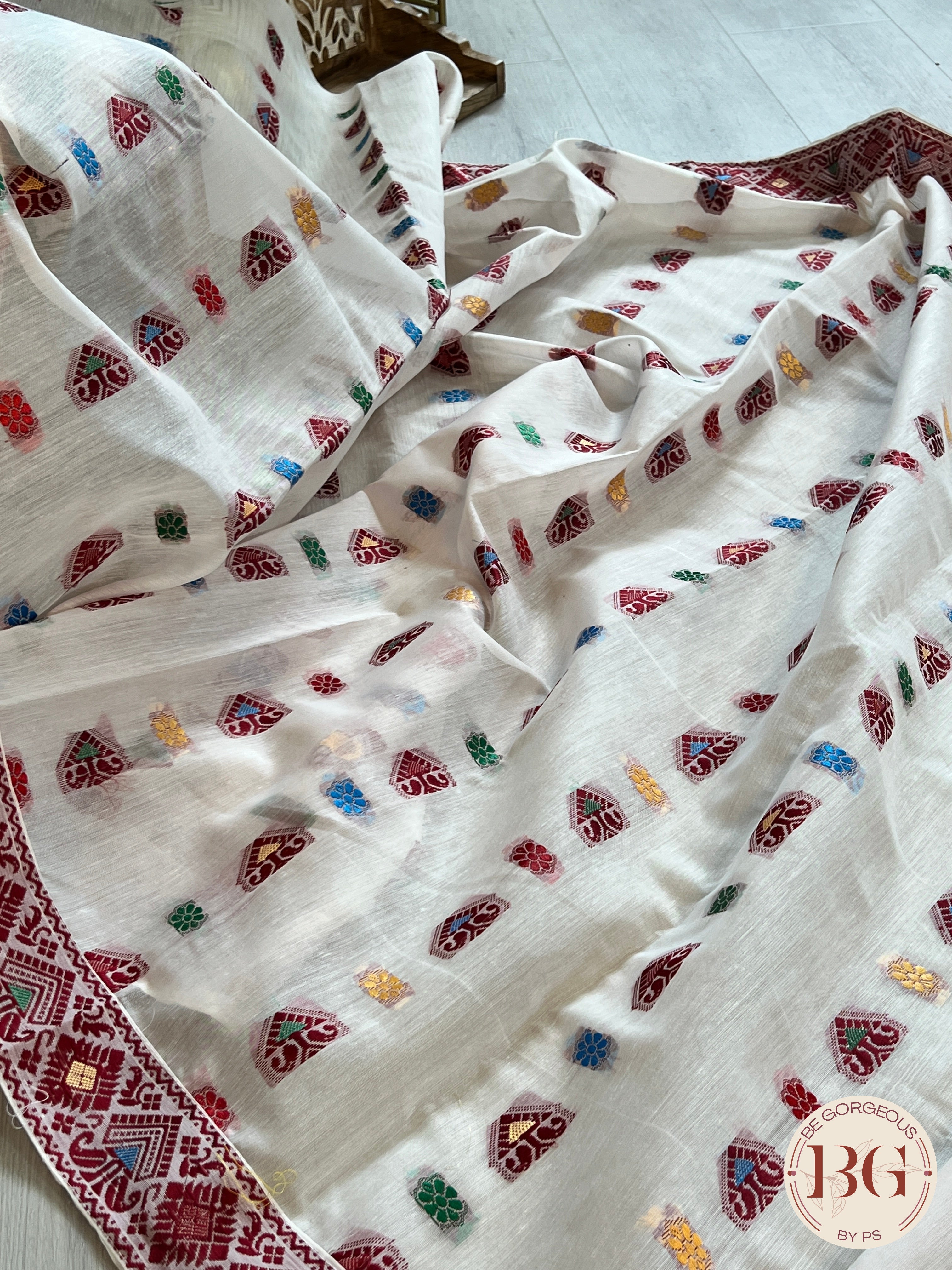 Assam mulmul Cotton Saree WHITE