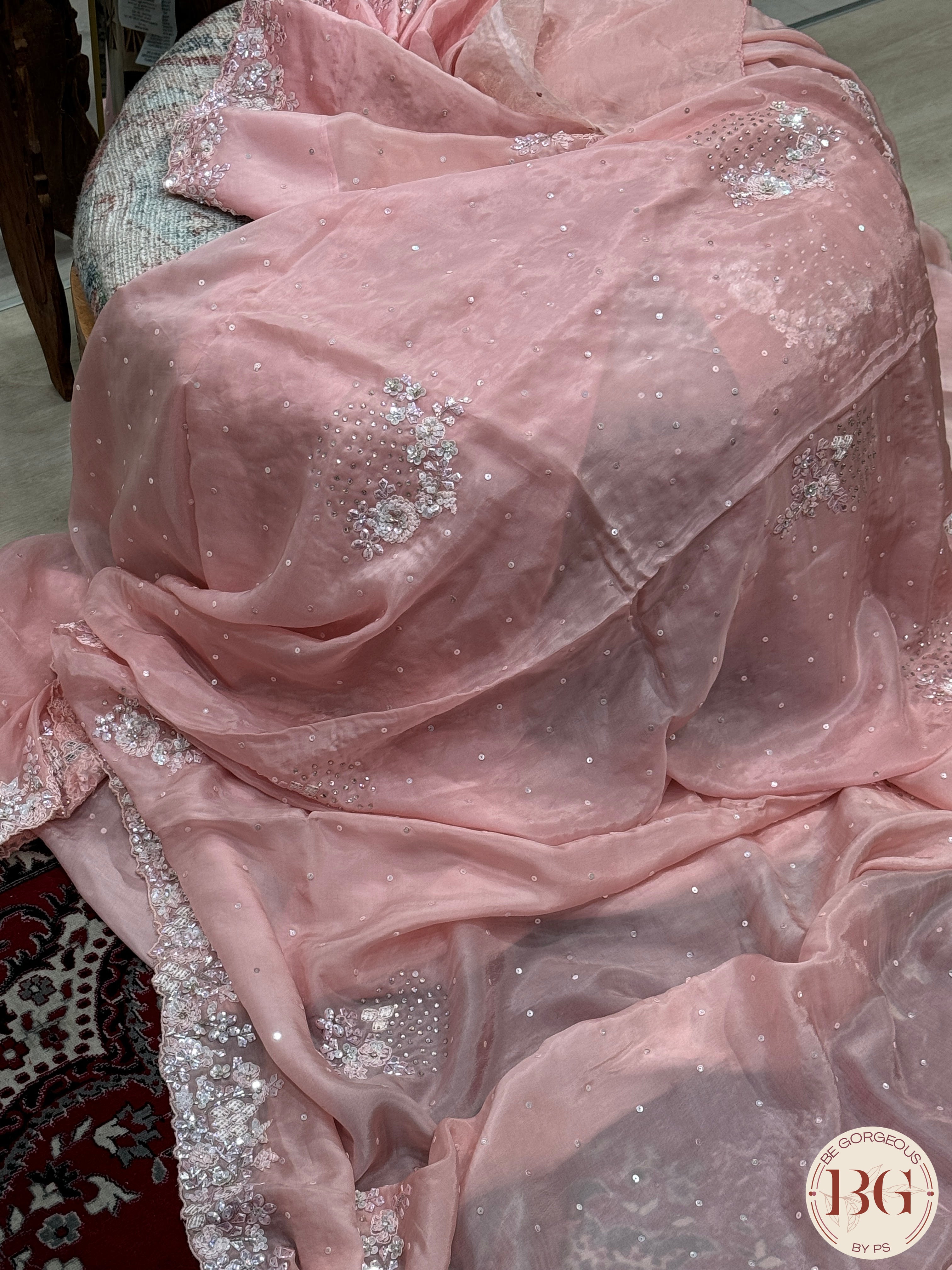 Partywear Organza Saree with readymade blouse - Pink