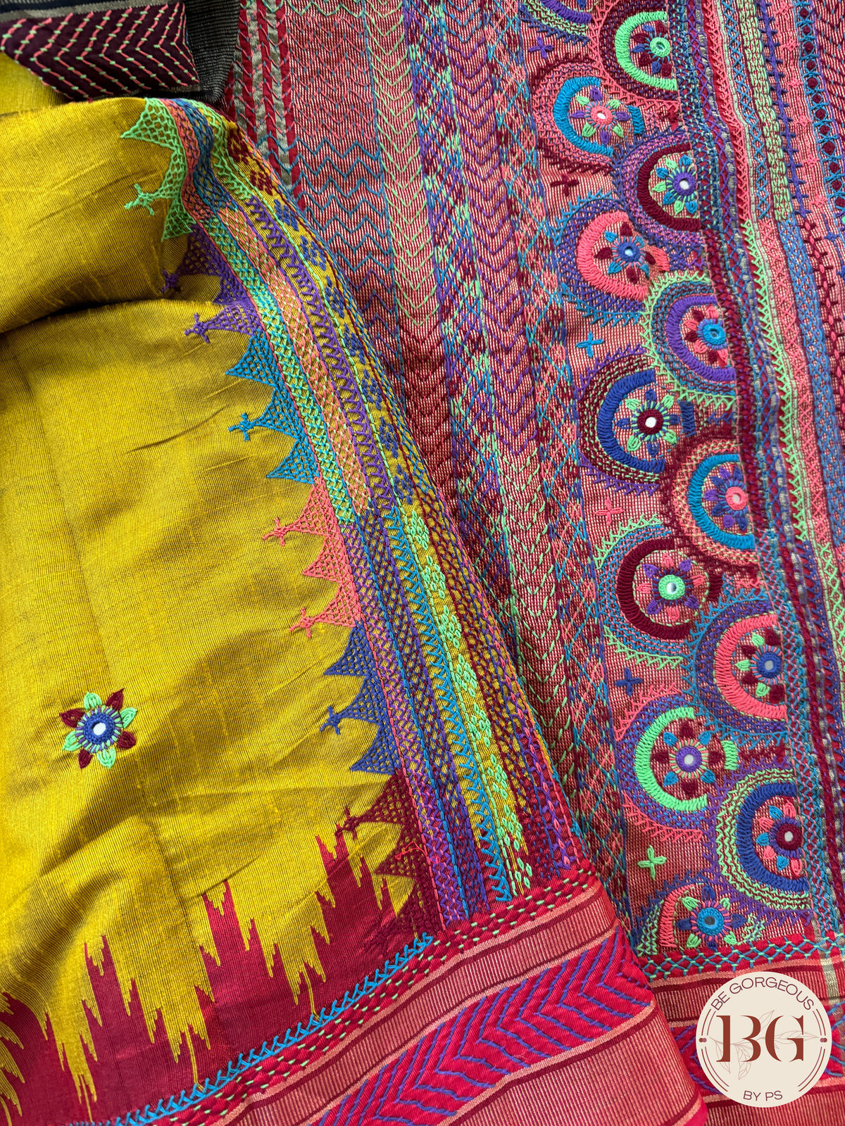 Lambani hand embroidery with mirror work on raw silk - Mustard