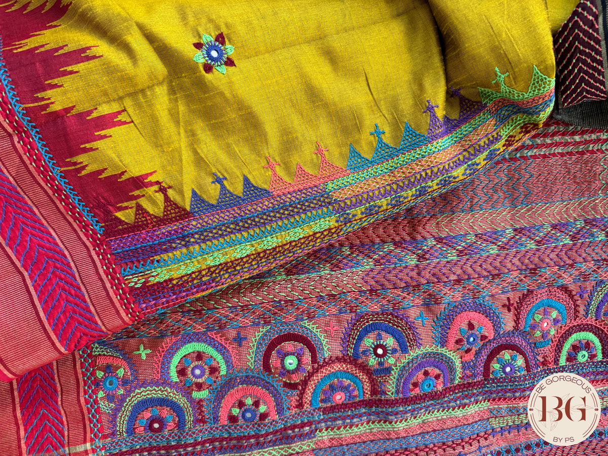 Lambani hand embroidery with mirror work on raw silk - Mustard