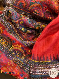 Lambani hand embroidery with mirror work on raw silk - Red