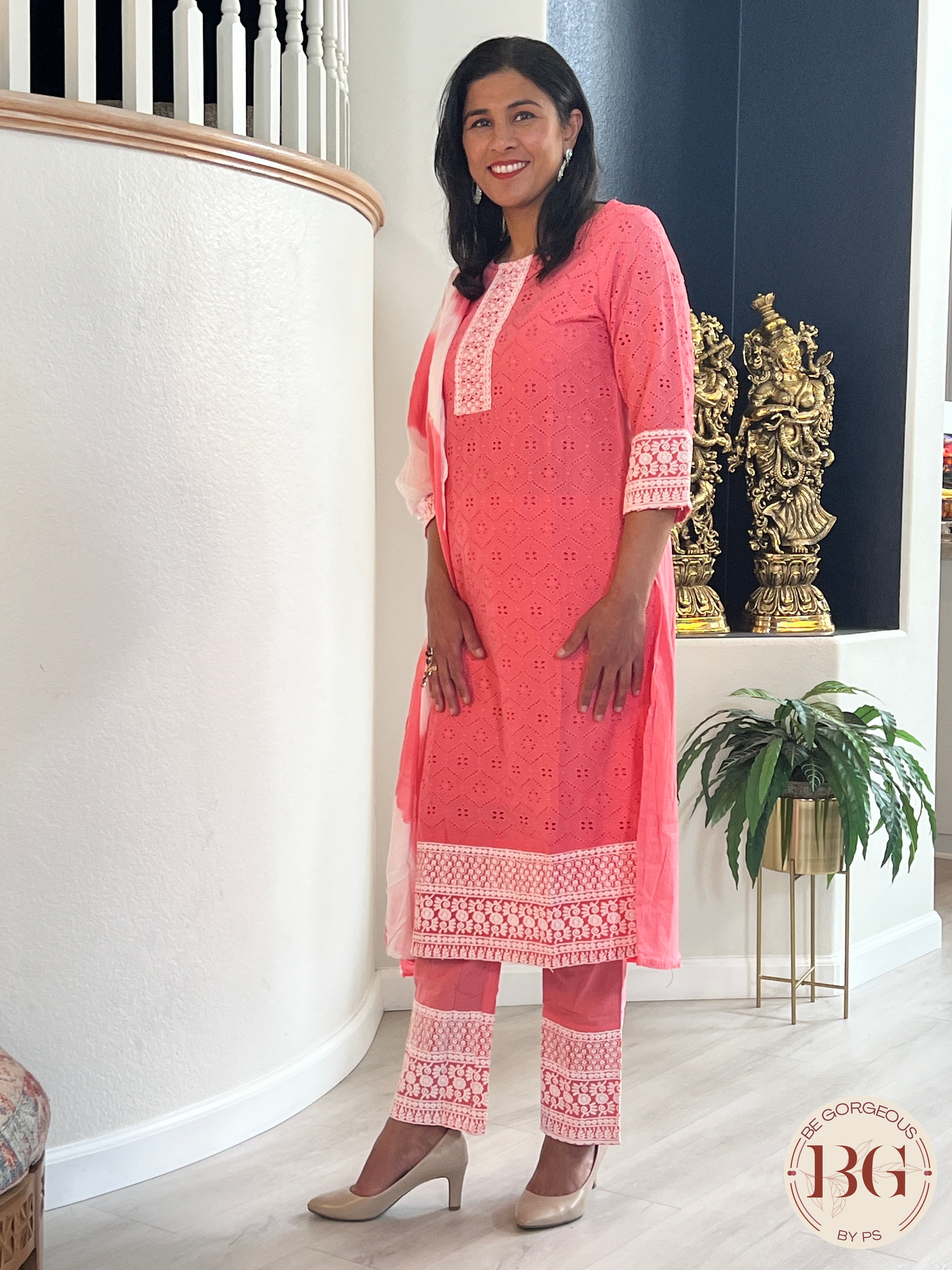 3-piece cotton suit set with dupatta in pink color