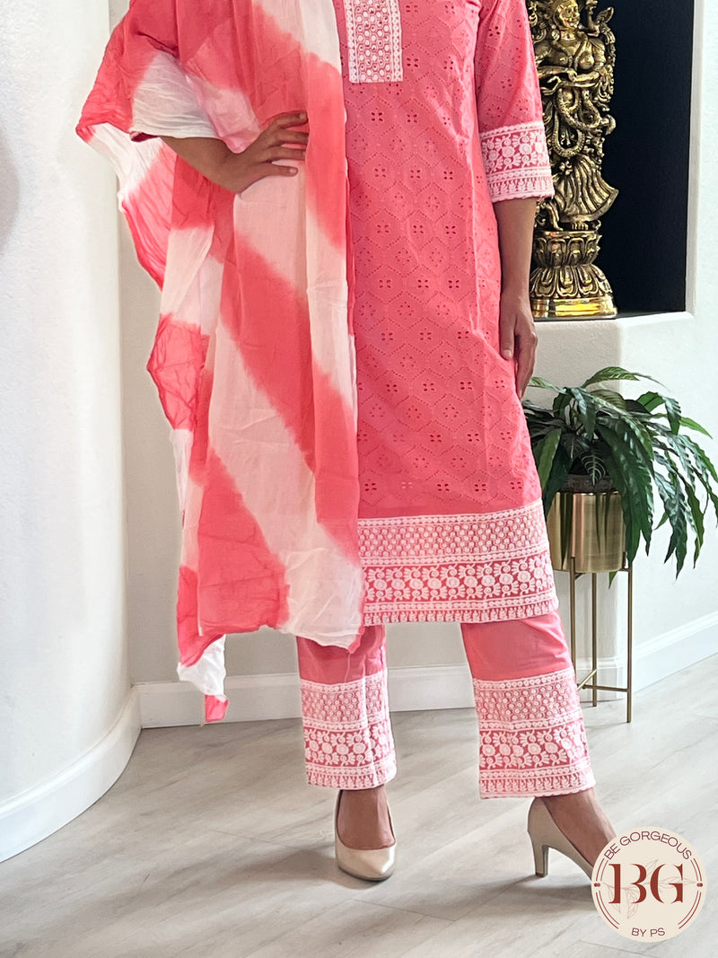 3-piece cotton suit set with dupatta in pink color