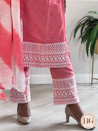 3-piece cotton suit set with dupatta in pink color