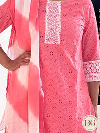 3-piece cotton suit set with dupatta in pink color