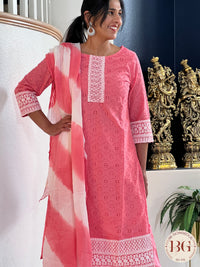 3-piece cotton suit set with dupatta in pink color