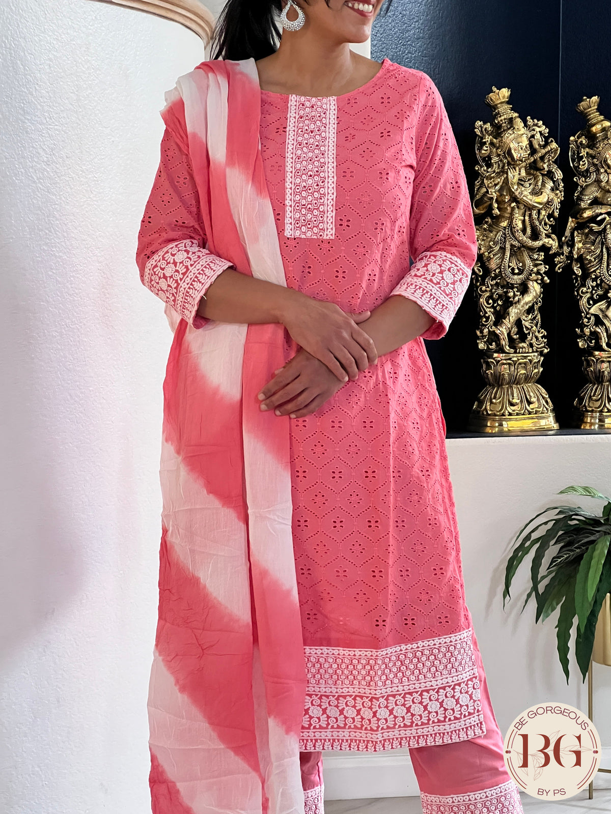 3-piece cotton suit set with dupatta in pink color