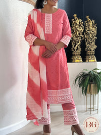 3-piece cotton suit set with dupatta in pink color