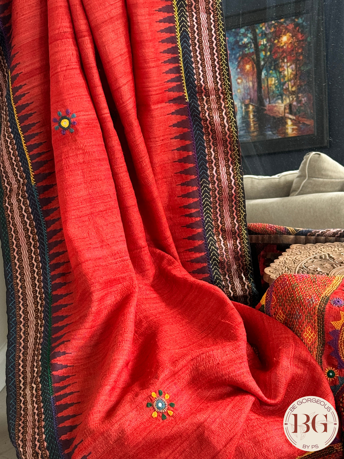 Lambani hand embroidery with mirror work on raw silk - Red